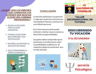 La elección profesional y ocupacional
es algo que resulta de un proceso que
inicia desde la infancia y concluye con
una reflexión personal
Es la misma persona quien puede
estimular y motivar a que se conozca y
desarrolle sus potencialidades.
Los padres deben comprender que la
orientacion en la informacion sobre
las posibilidades académicas y de
campo de trabajo sin presionarlo sera
la mejor decisión,
¿CUALES SON LOS ERRORES
QUE COMENTEN LOS
JOVENES QUE BUSCAN
ELEGIR UNA CARRERA
PROFESIONAL?
DESCUBRIENDO
TU VOCACIÓN
CONCLUSIÓN
DEJAR LA DECISIÓN
PARA ÚLTIMO
MOMENTO.
TOMAR LA DECISIÓN
BAJO PRESIÓN Y SIN
MOTIVACIÓN.
DEJARSE LLEVAR POR LO
QUE ESTA DE MODA.
SOLO CONSIDERAR LA
PARTE ECONOMICA.
5°to SECUNDARIA
I.E
SAN PEDRO DE
CHORRILOS
servicio
Psicológico
TALLER
SOCIOEMOCIONAL EN
TUTORIA
 