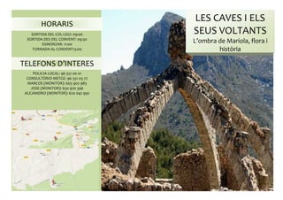 LES CAVES I ELS
SEUS VOLTANTS
L’ombra de Mariola, flora i
història
HORARIS
SORTIDA DEL COL·LEGI: 09:00
SORTIDA DES DEL CONVENT: 09:30
ESMORZAR: 11:00
TORNADA AL CONVENT13:00
TELEFONS D’INTERES
POLICIA LOCAL: 96 551 00 01
CONSULTÒRIO METGE: 96 551 03 77
MARCOS (MONITOR): 605 902 983
JOSE (MONITOR): 650 920 396
ALEJANDRO (MONITOR): 620 042 992
 