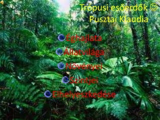 Trópusi esőerdők 
        Pusztai Klaudia
   Éghajlata
   Állatvilága
   Növényei
    Szintjei
Elhelyeszkedése
 