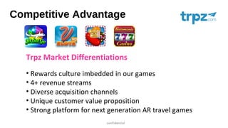 Trpz Market Differentiations
• Rewards culture imbedded in our games
• 4+ revenue streams
• Diverse acquisition channels
• Unique customer value proposition
• Strong platform for next generation AR travel games
Competitive Advantage
 