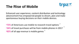 The Rise of Mobile
Enhanced user experience, content distribution and technology
advancement has empowered people to dream, plan and make
spontaneous buying decisions on their mobile devices.
•73% of Americans use mobile to research travel options
•36% of travel purchases will be from mobile phones in 2017
•82% of all app revenue is mobile games 3
2
2
 