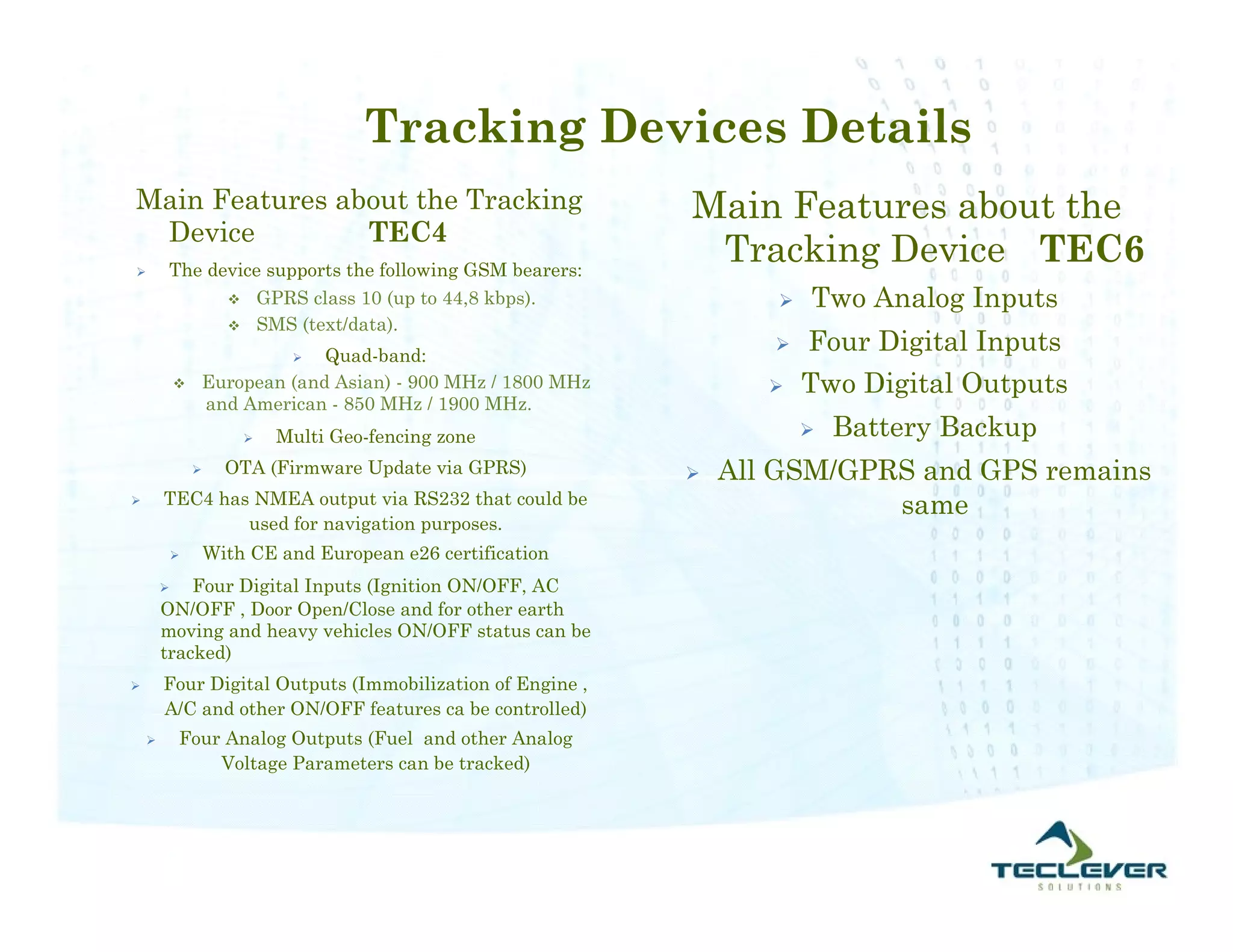 Tracking Devices Details
Main Features about the Tracking                             Main Features about the
 Device         TEC4
       The device supports the following GSM bearers:
                                                              Tracking Device TEC6
               GPRS class 10 (up to 44,8 kbps).                       Two Analog Inputs
               SMS (text/data).

                             Quad-band:
                             
                                                                       Four Digital Inputs
               European (and Asian) - 900 MHz / 1800 MHz              Two Digital Outputs
                and American - 850 MHz / 1900 MHz.
                           Multi Geo-fencing zone                         Battery Backup
                     OTA (Firmware Update via GPRS)            All GSM/GPRS and GPS remains
       TEC4 has NMEA output via RS232 that could be                        same
                used for navigation purposes.
                   With CE and European e26 certification
           Four Digital Inputs (Ignition ON/OFF, AC
        ON/OFF , Door Open/Close and for other earth
        moving and heavy vehicles ON/OFF status can be
        tracked)
       Four Digital Outputs (Immobilization of Engine ,
        A/C and other ON/OFF features ca be controlled)
           Four Analog Outputs (Fuel and other Analog
                Voltage Parameters can be tracked)
 