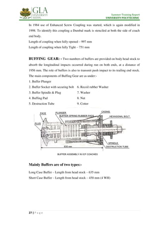 Summer Training Report
UNIVERSITY POLYTECHNIC
27 | P a g e
In 1984 use of Enhanced Screw Coupling was started, which is again modified in
1998. To identify this coupling a Dumbal mark is stenciled at both the side of coach
end body.
Length of coupling when fully opened – 997 mm
Length of coupling when fully Tight – 751 mm
BUFFING GEAR: - Two numbers of buffers are provided on body head stock to
absorb the longitudinal impacts occurred during run on both ends, at a distance of
1956 mm. The role of buffers is also to transmit push impact to its trailing end stock.
The main components of Buffing Gear are as under:-
1. Buffer Plunger
2. Buffer Socket with securing bolt
3. Buffer Spindle & Plug
4. Buffing Pad
5. Destruction Tube
6. Recoil rubber Washer
7. Washer
8. Nut
9. Cotter
Mainly Buffers are of two types:-
Long Case Buffer – Length from head stock – 635 mm
Short Case Buffer – Length from head stock – 458 mm (4 WH)
 