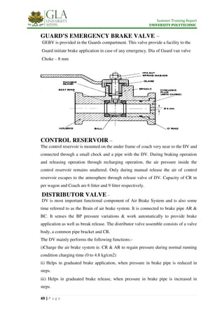 Summer Training Report
UNIVERSITY POLYTECHNIC
49 | P a g e
GUARD’S EMERGENCY BRAKE VALVE –
GEBV is provided in the Guards compartment. This valve provide a facility to the
Guard initiate brake application in case of any emergency. Dia of Guard van valve
Choke – 8 mm
CONTROL RESERVOIR –
The control reservoir is mounted on the under frame of coach very near to the DV and
connected through a small chock and a pipe with the DV. During braking operation
and releasing operation through recharging operation, the air pressure inside the
control reservoir remains unaltered. Only during manual release the air of control
reservoir escapes to the atmosphere through release valve of DV. Capacity of CR in
per wagon and Coach are 6 litter and 9 litter respectively.
DISTRIBUTOR VALVE –
DV is most important functional component of Air Brake System and is also some
time referred to as the Brain of air brake system. It is connected to brake pipe AR &
BC. It senses the BP pressure variations & work automatically to provide brake
application as well as break release. The distributor valve assemble consists of a valve
body, a common pipe bracket and CR.
The DV mainly performs the following functions:-
i)Charge the air brake system ie. CR & AR to regain pressure during normal running
condition charging time (0 to 4.8 kg/cm2)
ii) Helps in graduated brake application, when pressure in brake pipe is reduced in
steps.
iii) Helps in graduated brake release, when pressure in brake pipe is increased in
steps.
 
