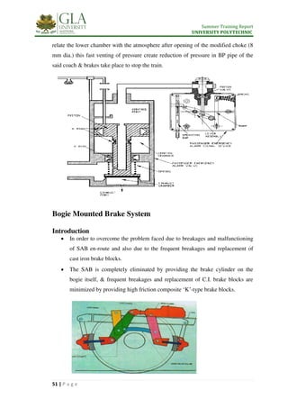 Summer Training Report
UNIVERSITY POLYTECHNIC
51 | P a g e
relate the lower chamber with the atmosphere after opening of the modified choke (8
mm dia.) this fast venting of pressure create reduction of pressure in BP pipe of the
said coach & brakes take place to stop the train.
Bogie Mounted Brake System
Introduction
 In order to overcome the problem faced due to breakages and malfunctioning
of SAB en-route and also due to the frequent breakages and replacement of
cast iron brake blocks.
 The SAB is completely eliminated by providing the brake cylinder on the
bogie itself, & frequent breakages and replacement of C.I. brake blocks are
minimized by providing high friction composite ‘K’-type brake blocks.
 