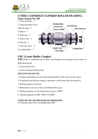 Summer Training Report
UNIVERSITY POLYTECHNIC
58 | P a g e
(CTRB) CARTRIDGE TAPERED ROLLER BEARING:
Name of parts No. Off
1. Cone assembly. – 2
2. Cup(consisting 24 nos.
roller & cage) – 1
3. Spacer – 1
4. Wear ring – 2
5. Grease seal – 2
6. End cap – 1
7. Axle cap screw – 3
8. Locking plate – 1
CBC (Center Buffer Coupler)
CBC:-CBC is combined unit of Draw and Buffing Gear, located at the centre of
Body Head Stock.
i. Used as Draw Gear.
ii. Used to transmit buffing force.
ADVANTAGES OF CBC:
1. Coupler and buffing gear are both located together at the centre of the wagon.
2. Coupling action between wagon is automatic so that more safer for operation.
3. Hauling capacity increased.
4. Maintenance cost is less than conventional Draw gear.
5. Hauling capacity of conventional draw gear is- 2200 T
6. Hauling capacity of CBC -7000 T to 9000T.
TYPES OF CBC ON THE BASIS OF OPERATION:
(i) Transition type CBC. (ii) Straight type CBC.
 