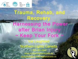 Val Lougheed
Northern Lights Canada
1-800-361-4642
www.northernlightscanada.ca
vlougheed@northernlightscanada.ca
Trauma, Rehab, and
Recovery
Harnessing the Power
after Brian Injury
~ Keep Your Fork ~
 