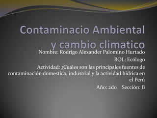 Nombre: Rodrigo Alexander Palomino Hurtado
                                               ROL: Ecólogo
           Actividad: ¿Cuáles son las principales fuentes de
contaminación domestica, industrial y la actividad hídrica en
                                                      el Perú
                                       Año: 2do Sección: B
 