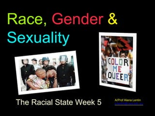 Race, Gender &
Sexuality
The Racial State Week 5 A/Prof Alana Lentin
a.lentin@uws.edu.au
 