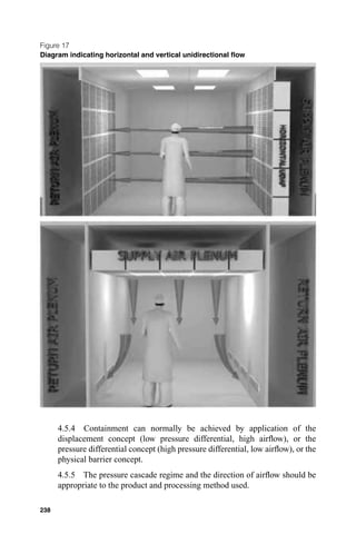Figure 17
Diagram indicating horizontal and vertical unidirectional ﬂow




      4.5.4 Containment can normally be achieved by application of the
      displacement concept (low pressure differential, high airﬂow), or the
      pressure differential concept (high pressure differential, low airﬂow), or the
      physical barrier concept.
      4.5.5 The pressure cascade regime and the direction of airﬂow should be
      appropriate to the product and processing method used.

238
 