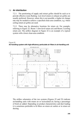 7.2   Air distribution
      7.2.1 The positioning of supply and extract grilles should be such as to
      provide effective room ﬂushing. Low-level return or exhaust air grilles are
      usually preferred. However, where this is not possible, a higher air change
      rate may be needed to achieve a speciﬁed clean area condition, e.g. where
      ceiling return air grilles are used.
      7.2.2 There may be alternative locations for return air. For example,
      referring to Figure 22, Room 1 (low-level return air) and Room 2 (ceiling
      return air). The airﬂow diagram in Figure 22 is an example of a typical
      system with a lower clean area condition.



Figure 22
Air-handling system with high-efﬁciency particulate air ﬁlters in air-handling unit




      The airﬂow schematics of the two systems (Figures 22 and 23) indicate
      air-handling units with return air or recirculated air, having a percentage
      of fresh air added. Depending on product characteristics and dust loading
      it is sometimes preferable to ﬁt ﬁlters on return air outlets or in return air
      ducting.

                                                                                 249
 