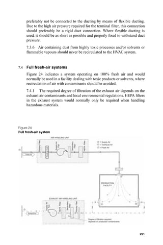 preferably not be connected to the ducting by means of ﬂexible ducting.
      Due to the high air pressure required for the terminal ﬁlter, this connection
      should preferably be a rigid duct connection. Where ﬂexible ducting is
      used, it should be as short as possible and properly ﬁxed to withstand duct
      pressure.
      7.3.6 Air containing dust from highly toxic processes and/or solvents or
      ﬂammable vapours should never be recirculated to the HVAC system.


7.4   Full fresh-air systems
      Figure 24 indicates a system operating on 100% fresh air and would
      normally be used in a facility dealing with toxic products or solvents, where
      recirculation of air with contaminants should be avoided.
      7.4.1 The required degree of ﬁltration of the exhaust air depends on the
      exhaust air contaminants and local environmental regulations. HEPA ﬁlters
      in the exhaust system would normally only be required when handling
      hazardous materials.




Figure 24
Full fresh-air system




                                                                               251
 