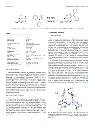 Journal of Molecular Structure 1311 (2024) 138400
3
2.4. ADMET predictions
The drug-likeness and toxicity of the synthesized compound under­
went a comprehensive assessment using "ADMET Evaluation" module of
the integrated online platform ADMETlab 2.0 (https://admetmesh.
scbdd.com/) [18]. The compound’s SMILES string, “NC1NC(Cl)C2C(N1)
N(CN2)C(N(C1CCCCC1) C1CCCCC1)O”, was generated with ChemDraw
Professional 17.1, and served as input. A key feature of ADMETlab is its
extensive coverage, encompassing 75 endpoints across 17 physico­
chemical, 23 pharmacokinetic, 27 toxicologic, and 13 medicinal
chemistry parameters. Additionally, the user-friendly interface enables a
rapid and nuanced assessment of the ADMET profile, providing detailed
numerical predictions, supported with color-coded decision states
(green: excellent, yellow: medium, red: poor) and a radar plot consid­
ering 13 key properties.
2.5. In silico docking experiments
The crystallographic data for the cyclooxygenase-2 (COX-2) enzyme
was accessed from the Protein Data Bank (PDB ID: 3LN1) [42]. The li­
gands and one monomer of COX-2 were prepared for docking via stan­
dard methods using AutoDock Tools 1.5.6 [43]. The docking was carried
out using a flexible ligand docking approach with AutoDock Vina 1.2.0
[44]. A three-dimensional affinity grid (52 × 40 × 40) with a grid point
spacing of 0.375 Å was positioned around the COX-2 active site. The
best-ranked conformation complex was analyzed using PyMOL 2.5 [45]
assisted by ChatGPT-PyMOL Plugin [46], and through LigPlot+ V.2.2.8
program [47].
3. Results and discussion
3.1. Structural analysis
The asymmetric unit comprises two independent molecules charac­
terized by differences in the planarity of their central cores and the
orientations of substituents (Fig. 2). The purine moiety containing Cl2
exhibits slight non-planarity, evident in the dihedral angle of 1.55(16)
between the constituent rings, with a total puckering amplitude (Q) of
0.033(3) Å. In the second molecule, the corresponding angle and total
puckering amplitude are 0.94(15)◦
and 0.037(3) Å, respectively.
Furthermore, the C4-N5-C6-N6 torsion angle is 140.5(3)◦
, while the
C20-N11-C24-N12 angle is − 138.9(3)◦
. Additionally, the (C7/C8/C9/
C10/C11/C12) and (C13/C14/C15/C16/C17/C18) benzene rings are
inclined to each other by 83.55(18)◦
, whereas the corresponding angle
in the second molecule is 73.48(17)◦
. All bond lengths, however, remain
within expected ranges.
In the crystal, the two molecules within the asymmetric unit form
connections through C5—H5⋅⋅⋅O2 and N7—H7B⋅⋅⋅O1 hydrogen bonds
(Fig. S1). Crystal packing analysis reveals a network of diverse inter­
molecular interactions that stabilize the compound’s structure (Table 2),
which are categorized as: classical hydrogen bonding (N1—H1A⋅⋅⋅N2
and N1—H1B⋅⋅⋅O2), unconventional weak hydrogen bonds
(C10—H10⋅⋅⋅N8 and C23—H23⋅⋅⋅O1), C/N–H⋅⋅⋅π(ring) interactions
(N1—H1B⋅⋅⋅π, C32—H32⋅⋅⋅π and C34—H34⋅⋅⋅ π). Although aromatic
rings are present, no true π-π stacking interactions were observed due to
all inter-ring plane distances exceeding the typical limit of 3.8 Å [48,49].
The closest centroid separation was 4.188(2) Å, exceeding this
threshold, so these interactions were not included in Table 2. Interest­
ingly, a halogen⋯π(ring) interaction, C2—Cl1⋯π(pyrimidine), was
observed, offering an additional stabilizing force (see Table 2, Fig. 3).
Scheme 1. Synthesis pathway and chemical structure of the investigated compound: 2-amino-6‑chloro-N,N-diphenyl-7H-purine-7-carboxamide.
Table 1
Crystal data and details of the structure determination.
CCDC No. 2,325,198
Empirical formula C18H13ClN6O
Formula weight 364.79
Temperature/K 299.38
Crystal system, Space group Monoclinic, P21/c
a, b, c /Å 9.279(2), 24.458(5), 17.659(4)
α, β, γ /◦
90, 93.883(4), 90
Volume/Å3
, Z 3998.3(15), 8
ρcalcg/cm3
, μ/mm-1
1.212, 0.209
F(000) 1504.0
Crystal size/mm3
0.133 × 0.122 × 0.107
Radiation MoKα (λ = 0.71073)
2θ range for data collection/◦
2.848 to 54.962
Index ranges − 11 ≤ h ≤ 12, -31 ≤ k ≤ 31, -22 ≤ l ≤ 22
Reflections collected 41,070
Independent reflections 9118 [Rint = 0.1039, Rsigma = 0.1146]
Data/restraints/parameters 9118/0/485
Goodness-of-fit on F2
0.918
Final R indexes [I>=2σ (I)] R1 = 0.0583, wR2 = 0.1392
Final R indexes [all data] R1 = 0.1550, wR2 = 0.1768
Largest diff. peak/hole / e Å− 3
0.27/− 0.23
Fig. 2. ORTEP-Illustration of the asymmetric unit of the crystal structure,
showing two independent molecules with their labelling scheme and 50 %
probability ellipsoids. Atom colours: white (H), grey (C), blue (N), red (O) and
green (Cl).
N. Abad et al.
 