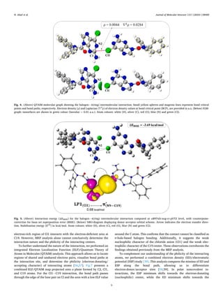 Journal of Molecular Structure 1311 (2024) 138400
5
electron-rich region of Cl1 interacts with the electron-deficient area at
C19. However, MEP analysis alone cannot conclusively determine the
interaction nature and the philicity of the interacting centers.
To further understand the nature of the interaction, we performed an
integrated Electron Localization Function (ELF)/Quantum Theory of
Atoms in Molecules (QTAIM) analysis. This approach allows us to locate
regions of shared and unshared electron pairs, visualize bond paths at
the interaction site, and determine the philicity (electron-donating/
accepting character) of interacting atoms [56,57]. Fig.7 presents a
combined ELF/QTAIM map projected onto a plane formed by C2, Cl1,
and C19 atoms. For the Cl1⋅⋅⋅C19 interaction, the bond path passes
through the edge of the lone pair on Cl and the area with a low ELF value
around the C atom. This confirms that the contact cannot be classified as
σ-hole-based halogen bonding. Additionally, it suggests the weak
nucleophilic character of the chloride anion (Cl1) and the weak elec­
trophilic character of the C19 center. These observations corroborate the
findings obtained previously from the MEP analysis.
To complement our understanding of the philicity of the interacting
atoms, we performed a combined electron density (ED)/electrostatic
potential (ESP) study [39]. This analysis compares the minima of ED and
ESP along the bond path, allowing us to differentiate
electron-donor/acceptor sites [58,59]. In polar noncovalent in­
teractions, the ESP minimum shifts towards the electron-donating
(nucleophilic) center, while the ED minimum shifts towards the
Fig. 4. (Above) QTAIM molecular graph showing the halogen⋯π(ring) intermolecular interaction: Small yellow spheres and magenta lines represent bond critical
points and bond paths, respectively. Electron density (ρ) and Laplacian (∇2
ρ) of electron density values at bond critical point (BCP), are provided in a.u. (Below) IGM-
graph: isosurfaces are shown in green colour (Isovalue = 0.01 a.u.). Atom colours: white (H), silver (C), red (O), blue (N) and green (Cl).
Fig. 5. (Above) Interaction energy (ΔEBSSE) for the halogen⋯π(ring) intermolecular interaction computed at ωB97xD/aug-cc-pVTZ level, with counterpoise-
correction for basis set superposition error (BSSE). (Below) NBO-diagram displaying donor–acceptor orbital scheme. Arrow indicates the electron transfer direc­
tion. Stabilization energy (E(2)
) in kcal/mol. Atom colours: white (H), silver (C), red (O), blue (N) and green (Cl).
N. Abad et al.
 