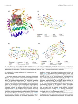 Bioorganic Chemistry 151 (2024) 107597
10
2.5. Evaluation of novel drug candidates for the treatment of clear cell
renal cell carcinoma
The elevated molecular diversity, limited effectiveness of traditional
therapies, and the development of drug resistance of ccRCC increase the
challenges in ccRCC treatment. In recent years, there has been a note­
worthy and transformative evolution in the therapeutic approaches
available for therapy for ccRCC patients. This evolution can be associ­
ated with improvement in our understanding of the molecular basis of
ccRCC, and the discovery of novel drugs focused on targeting specific
disease pathways. In this study, we designed and synthesized novel
compounds to inhibit the expression of BUB1B, a target protein for
ccRCC treatment [18]. The BUB1B gene encodes the mitotic checkpoint
serine/threonine-protein kinase BUB1 beta. This enzyme plays essential
roles during mitosis, particularly in the spindle assembly checkpoint and
the interactions between kinetochores and microtubules [23,24].
Currently, various studies have reported the relation of BUB1B expres­
sion levels with the cytogenetic and morphologic progression of ccRCC,
along with its impact on tumorigenesis and progression in ccRCC pa­
tients [25–27]. Although there have been many studies recently high­
lighting that BUB1B overexpression is at a remarkable level in ccRCC
patients, our group was the first to validate that silencing this target
gene via siRNA significantly reduces the viability of Caki-1 cells [18]. In
addition, the TG-101209 compound targeting BUB1B was discovered
using drug repositioning and the effectiveness of this compound on
BUB1B protein level in parallel to the viability of Caki-1 was validated
by our group. These findings suggest that TG-101209 may serve as a
promising drug candidate for the treatment of ccRCC. TG-101209 is
known as a JAK2-selective kinase inhibitor, and many studies indicated
that TG-101209 could be beneficial in the treatment of myeloid
leukaemia at nanomolar scale dose [28–30]. However, the treatment of
ccRCC still demands more specific and potent novel drugs to enhance
the efficacy of the TG-101209 compound on BUB1B.
In this study, we reported an in-depth investigation demonstrating
the synthesis and initial exploration of the Structure-Activity Relation­
ship (SAR) for novel BUB1B inhibitors that overcome TG-101209. Three
Fig. 6. A) 13a(Orange), 5i(Green), 5j(Pink) and TG-101209 (Gray)bound in the binding site of BUB1B(PDB ID: 6F7B), B) 2D representation of the binding in­
teractions between 13a and BUB1B C) 2D representation of the binding interactions between 5i and BUB1B D) 2D representation of the binding interactions between
5j and BUB1B. (For interpretation of the references to colour in this figure legend, the reader is referred to the web version of this article.)
Y. Bouzian et al.
 