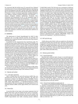 Bioorganic Chemistry 151 (2024) 107597
11
hit compounds (13a, 5i and 5j) among 27 compounds have exhibited
promising results in terms of deceased BUB1B expression and inducing
necrosis and apoptosis on the Caki-1 cell line. IC50 values of 13a, 5i and
5j were determined as 2.047 µM, 10.046 µM and 6.985 µM, respectively.
In literature, a variety of treatment approaches, including tyrosine ki­
nase inhibitors (Axitinib, Sorafenib, Pazopanib, and Sunitinib)[1–3],
immune checkpoint inhibitors (Ipilimumab, Nivolumab, Pem­
brolizumab, and Atezolizumab etc.)(4, 5), and mammalian target of
rapamycin inhibitors (Everolimus and Tesirolimus)[6,7] have been re­
ported for the treatment of ccRCC patients. Atsushi M. et al reported that
the IC50 value of Sunitinib, a receptor tyrosine kinase inhibitor widely
used in the treatment of ccRCC, was 2.22 uM for the Caki-1 cell line [31].
Sorafenib, another tyrosine kinase inhibitor, has been proven to improve
survival in advanced ccRCC patients [32]. Chu-Che L. et al indicated that
the IC50 value of Sorafenib was 6.23 µM for Caki-1 cells [33]. Com­
pound 13a among our hit compounds seems more effective with a low
IC50 value compared to commonly used tyrosine kinase inhibitors for
ccRCC treatment.
3. Conclusion
The effectiveness of clinical chemotherapies for ccRCC is often
inadequate due to its high molecular diversity, the generally low
response rates to traditional therapies, and the prevalent drug resistance
associated with ccRCC.
As predicted by the computational drug repositioning study, TG-
101209 decreased cellular BUB1B protein level, bound to BUB1B, and
decreased its enzymatic activity. Our most effective compounds 13a 5j
and 5i showed better cytotoxicity against ccRCC cell lines by inducing
additional necrotic cell death. Compounds 13a and 5j showed similar
cellular activity to TG-101209, decreasing BUB1B cellular protein levels
and inhibiting BUB1B enzymatic activity more effectively. However, 5i,
one of the top 3 anti-ccRCC compounds, showed a distinct effect. It binds
to BUB1B but does not decrease the protein level of BUB1B nor inhibit its
enzymatic activity. We hypothesize that 5i has a different mode of ac­
tion compared to other TG-101209 derivatives. Further studies are
warranted for compounds 13a and 5j the unique compound 5i.
Based on docking and SAR studies, compound 5i has greater hy­
drophobicity and a high docking score with the receptor among similar
molecules. Compound 13a increases the polarity and hydrophilicity of
the final compound due to the presence of 4-(4-methylpiperazin-1-yl)
aniline, in addition to forming a hydrogen bond with TYR869. Com­
pound 5j interacts with the main residue THR837.
We advocate for ongoing research and development to fully realize
the therapeutic potential of these compounds and to address the demand
for more targeted and potent drugs in the treatment of ccRCC.
3.1. Materials and methods
3.1.1. Cell culture experiments
Caki-1, a human clear cell renal cell carcinoma (ccRCC) line, was
purchased from CLS Cell Lines Service (Germany). The cells were
maintained in McCoy’s 5A (Modified) Medium (16600082, Thermo
Fisher Scientific, USA) and supplemented with 10 % fetal bovine serum
(FBS, F7524, Sigma-Aldrich), 1 % Penicillin/Streptomycin (P4333,
Sigma-Aldrich). After 24 h of seeding cells, the drugs dissolved in 0.1 %
Dimethyl sulfoxide (DMSO, 41639, Sigma-Aldrich) were treated in the
cells.
3.2. Western blot
To test the effect of the drugs on the protein expression level of
BUB1B, 3x105
Caki-1 cells were seeded onto per well in a 6-well plate.
After two days of 5 µM drug treatments, the cells were washed with
phosphate-buffered saline (PBS) solution and then lysed with CelLytic M
(C2978, Sigma-Aldrich) lysis buffer containing protease inhibitors
(11836170001, Roche). The cell lysates were centrifuged at 12.000 rpm
for 10 min and supernatants were collected. Protein Assay Dye Reagent
(5000006, Bio-Rad) was used to determine protein concentration. The
absorbance of the proteins was measured spectrophotometrically at 595
nm by a microplate reader (Hidex Sense Beta Plus). Protein electro­
phoresis was performed using Mini-PROTEAN® TGXTM
Precast Gels
(4561086, Bio-Rad) and then the separated proteins were transferred to
a Trans-Blot Turbo Mini 0.2 um PVDF Transfer Packs membrane
(1704158, Bio-Rad) by using Trans-Blot® TurboTM
Transfer System
(Bio-Rad). The membrane was blocked with 5 % skim milk for 30 min at
4 ◦
C with gentle rocking. After blocking, the membrane was treated with
primary antibodies: Anti-BUB1B (HPA008419, Human Protein Atlas,
Sweden), GAPDH (ab8245, Abcam), Bcl2 (ab182858, Abcam), PARP
(95425, Cell signalling), and active canspase3 (ab32042, abcam) over­
night at 4 ◦
C on a rocking platform. After the treatment of primary an­
tibodies, the membrane was washed three times with TBS-T buffer (A09-
7500–100, Medicago). Then, Goat anti-Rabbit IgG-HRP (ab205718,
Abcam) was treated as the secondary antibody for 30 min at 4 ◦
C with
gentle rocking. The protein bands on the membrane were revealed using
enhanced chemiluminescence substrate (WBLUF0500, Merck) and
detected with ImageQuant™ LAS 500 (GE Healthcare).
3.3. MTT and LDH assay
10,000 cells per well of Caki-1 cells were seeded into a 96-well plate
as triplicated for MTT assay and LDH assay. Cells were treated with the
compounds at 10 µM the next day for 1 day. Cell viability was measured
by MTT assay (M6494, ThermoFisher) and cytotoxicity was measured by
LDH assay kit (ab65393, Abcam) by following the manufacturer’s in­
structions. Optical density (O.D) had been enumerated with a micro­
plate reader (Hidex Sense Meta Plus).
3.4. Chemistry general methods
3.4.1. General information
Reactions were conducted under nitrogen in oven-dried glassware
using Sigma-Aldrich reagents and solvents without further purification.
Organic solutions were concentrated under reduced pressure with a
Heidolph rotary evaporator. Liquid chromatography-mass spectrometry
(LC-MS) on a Thermo Fisher TSQ Series instrument with an Athena C18-
WP column was employed for reaction monitoring. Alternatively, Thin-
Layer Chromatography (TLC) on silica gel plates was utilized. Chro­
matograms were visualized under 254 and 366 nm UV light, and stained
with vanillin dips or aqueous potassium permanganate. 1
H NMR spectra,
recorded on a Bruker 500 MHz spectrometer in DMSO‑d6, reported
δ/ppm from tetramethyl silane, detailing multiplicity, protons, and
coupling constant (J/Hz). 13
C NMR spectra, recorded at 126 MHz on a
Bruker spectrometer, used the deuterated solvent peak as the internal
standard. Chemical shifts were reported in ppm relative to the solvent
peak, employing signal pattern abbreviations (s, d, t, q, m, br). Flash
column chromatography utilized a PuriFlash XS 520 Plus system
(Interchim) with UV and ELSD detectors, and a fraction collector,
employing interchim silica gel columns.
3.4.2. 3-bromo-N-(tert-butyl)benzenesulfonamide (2)
To a solution of 3-bromobenzenesulfonyl chloride (4 g, 15.65 mmol)
in anhydrous tetrahydrofuran (20 mL), N, N-diisopropylethylamine
(2.88 mL, 16.43 mmol) and tert-butylamine (1.73 mL, 16.43 mmol) were
added. The resulting mixture was stirred at room temperature, after
completion of the reaction, the solvent was removed under reduced
pressure, water (15 mL) was added, and the resulting aqueous phase was
extracted with CH2Cl2 (3 x 20 mL). The organic layer was dried over
anhydrous sodium sulphate and concentrated to give 3-bromo-N-(tert-
butyl) benzenesulfonamide (2) (4.1 g, yield: 90 %) as a white solid. MS
(ESI): m/z 293.0 [M + H]+
.
Y. Bouzian et al.
 
