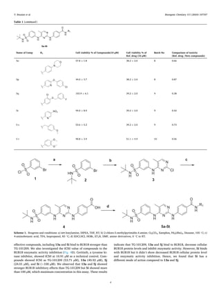 Bioorganic Chemistry 151 (2024) 107597
4
effective compounds, including 13a and 5i bind to BUB1B stronger than
TG-101209. We also investigated the IC50 value of compounds to the
BUB1B enzymatic activity inhibition (Fig. 4D). Ceritinib, a tyrosine ki­
nase inhibitor, showed IC50 at 10.91 µM as a technical control. Com­
pounds showed IC50 as TG-101209 (53.71 µM), 13a (40.92 µM), 5j
(24.01 µM), and 5i (>100 µM). We observed that 13a and 5j showed
stronger BUB1B inhibitory effects than TG-101209 but 5i showed more
than 100 µM, which maximum concentration in this assay. These results
indicate that TG-101209, 13a and 5j bind to BUB1B, decrease cellular
BUB1B protein levels and inhibit enzymatic activity. However, 5i binds
with BUB1B but it didn’t show decreased BUB1B cellular protein level
and enzymatic activity inhibition. Hence, we found that 5i has a
different mode of action compared to 13a and 5j.
Table 1 (continued)
Name of Comp R1 Cell viability % of Compounds(10 µM) Cell viability % of
Ref. drug (10 µM)
Batch No Comparison of toxicity
(Ref. drug /New compounds)
5o 57.8 ± 1.8 38.2 ± 2.0 8 0.66
5p 44.0 ± 3.7 38.2 ± 2.0 8 0.87
5q 103.9 ± 6.1 39.2 ± 2.0 9 0.38
5r 94.0 ± 8.9 39.2 ± 2.0 9 0.42
5 s 53.6 ± 5.2 39.2 ± 2.0 9 0.73
5 t 90.8 ± 3.9 51.1 ± 4.9 10 0.56
Scheme 1. Reagents and conditions: a) tert-butylamine, DIPEA, THF, RT; b) 2-chloro-5-methylpyrimidin-4-amine, Cs2CO3, Xantphos, Pd2(dba)3, Dioxane, 105 ◦
C; c)
4-aminobenzoic acid, TFA, Isopropanol, 83 ◦
C; d) EDCl.HCl, HOBt, ET3N, DMF, amine derivatives, 0 ◦
C to RT.
Y. Bouzian et al.
 