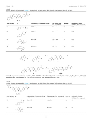 Bioorganic Chemistry 151 (2024) 107597
5
Table 2
The toxic effects of the compounds in Scheme 2 on cell viability and their relative effect compared to the reference drug (TG-101209).
Name of Comp R2 Cell viability % of Compounds (10 µM) Cell viability % of
Ref. drug (10 µM)
Batch No Comparison of toxicity
(Ref. drug /New compounds)
9a 103.9 ± 6.6 51.1 ± 4.9 10 0.49
9b 109.9 ± 8.4 51.1 ± 4.9 10 0.47
9c 89.0 ± 1.8 46.2 ± 16.6 11 0.52
9d 95.3 ± 11.2 51.1 ± 4.9 10 0.54
Scheme 2. Reagents and conditions: a) morpholine, DIPEA, THF, RT; b) 2-chloro-5-methylpyrimidin-4-amine, Cs2CO3, Xantphos, Pd2(dba)3, Dioxane, 105 ◦
C; c) 4-
aminobenzoic acid, TFA, Isopropanol, 83 ◦
C; d) EDCl.HCl, HOBt, ET3N, DMF, amine derivatives, 0 ◦
C to RT.
Table 3
The toxic effects of the compounds in Scheme 3 on cell viability and their relative effect compared to the reference drug (TG-101209).
Name of Comp R3 Cell viability % of Compounds (10 µM) Cell viability % of Ref. drug (10 µM) Batch No Comparison of toxicity
(Ref. drug /New compounds)
13a 13.2 ± 4.5 46.2 ± 16.6 11 3.5
13b 51.6 ± 7.6 46.2 ± 16.6 11 0.9
Y. Bouzian et al.
 