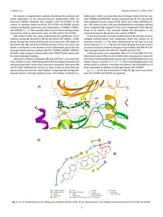 Bioorganic Chemistry 151 (2024) 107597
9
We present a comprehensive analysis elucidating the synthesis and
initial exploration of the Structure-Activity Relationship (SAR) for
innovative BUB1B inhibitors that compete with TG-101209. In the
context of docking studies involving TG-101209 and BUBIB, pivotal
residues facilitating interaction were pinpointed as TYR869, LYS821,
and ASP946 (Fig. 5). These residues play a crucial role in hydrogen bond
interactions, with an observed IC value of 2.881 µM for TG-101209.
SAR studies within this series underscored the significance of the
methoxy among 5a, 5n and 5 t, 5n has the lowest cell viability. 3 OMe
group, increase the activity and fit in the active site cavity. The impact of
derivatives 5c, 5d, and 5 k on BUB1B activity, 5 k is the active one
which is attributed to the presence of the sulfonamide group that has
hydrogen bonds with key residues LEU793, TYR869, ASP946, THR873,
also NH2 make a negative charge surface near THR 873 polar amino acid
for easier hydrogen bonding.
During the synthesis of analogues 5b, 5 g, and 5 m, it was noted that
none of them is active. SAR demonstrated that the halogen molecule and
ethylene group didn’t help to have anticancer properties. Derivatives 5e
and 5 l both exhibited no activity, as long as none of them had any
special interaction with the main residues. Compounds 5r and 5q were
deemed inactive, with 5q exhibiting lower cell viability attributed to a
higher polar surface area and they have hydrogen bonds with key resi­
dues TYR869 and SER1083. Among compounds 5o, 5i, 5 s, 5 h, and 5f,
none displayed activity except for 5i, which has a better inhibitory ef­
fect. The reason for this is the more hydrophobicity and higher docking
score. Compound 5j emerged as the active compound, while 5p was
found to be inactive. The rationale behind this discrepancy is the
interaction between 5j and the main residue THR837.
In the second series, we make modifications in 5c and 5 k, we have
changed tertbutyl-amine with morpholine which was chosen for its
anticancer activity [22] but these modifications do not lead us to any
active molecule (Table 2). 9a has the lowest docking score due to have
pi-cation interaction between Nitrogen of pyrrolidine and PHE 971 be­
sides hydrogen bonds with ASP 921, Asp946 and LEU 947.
In the last series, two compounds, 13a (13.1 %) and 13b (51.5 %),
13a showed a good effect on cell viability after changing the 3-amino-N-
(tert-butyl) benzenesulfonamide group with 4-(4-methylpiperazin-1-yl)
aniline group in position 4 (Table 3). The 4-(4-methylpiperazin-1-yl)
aniline group in position 4 increases the polarity and hydrophilicity of
final compounds in addition to hydrogen bonds with TYR869.
In Fig. 6, all the key interactions 3 (13a, 5i, 5j) active ones better
than TG-101209 with BUB1B are depicted.
Fig. 5. A) TG-101209 bound in the binding site of BUB1B (PDB ID: 6F7B). B) 2D representation of the binding interactions between TG-101209 and BUB1B.
Y. Bouzian et al.
 