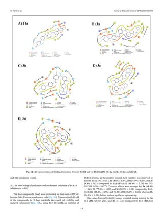 and MD simulation results.
3.7. In vitro biological evaluation and mechanistic validation of BUB1B
inhibitors in ccRCC
The four compounds, 3a-d, were evaluated for their anti-ccRCC ef­
fects on Caki-1 human renal cancer cells (Fig. 10). Treatment with 10 μM
of the compounds for 2 days markedly decreased cell viability and
induced cytotoxicity (Fig. 10A), using BAY-1816,032, an inhibitor of
BUB1B protein, as the positive control. Cell viability was observed as
follows: 3a (5.1% ± 0.01), 3d (4.6% ± 0.44), 3b (24.9% ± 0.59), and 3c
(4.4% ± 0.23) compared to BAY-1816,032 (48.4% ± 2.23) and TG-
101,209 (6.5% ± 0.77). Cytotoxic effects were stronger for 3a (64.9%
± 1.06), 3d (77.5% ± 1.09), and 3c (82.9% ± 2.08) compared to BAY-
1816,032 (28.3% ± 2.95) and TG-101,209 (35.0% ± 1.03), whereas 3b
(24.9% ± 0.59) did not induce significant cytotoxicity.
IC₅₀ values from cell viability assays revealed strong potency for 3a
(0.6 μM), 3d (0.4 μM), and 3c (1.1 μM) compared to BAY-1816,032
Fig. 12. 2D representations of binding interactions between BUB1B and (A) TG-101,209, (B) 3a, (C) 3b, (D) 3c, and (E) 3d.
N. Parvizi et al. Journal of Molecular Structure 1374 (2026) 146659
13
 