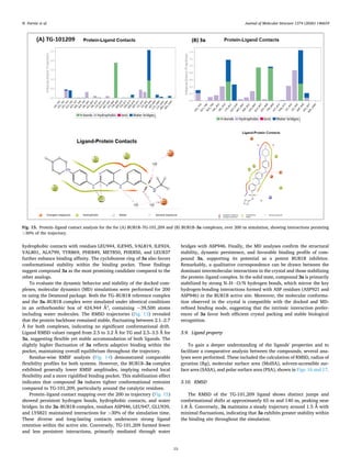 hydrophobic contacts with residues LEU944, ILE945, VAL819, ILE924,
VAL801, ALA799, TYR869, PHE849, MET850, PHE850, and LEU837
further enhance binding affinity. The cyclobutene ring of 3a also favors
conformational stability within the binding pocket. These findings
suggest compound 3a as the most promising candidate compared to the
other analogs.
To evaluate the dynamic behavior and stability of the docked com­
plexes, molecular dynamics (MD) simulations were performed for 200
ns using the Desmond package. Both the TG–BUB1B reference complex
and the 3a–BUB1B complex were simulated under identical conditions
in an orthorhombic box of 424,944 Å³, containing ~39,500 atoms
including water molecules. The RMSD trajectories (Fig. 13) revealed
that the protein backbone remained stable, fluctuating between 2.1–2.7
Å for both complexes, indicating no significant conformational drift.
Ligand RMSD values ranged from 2.5 to 3.2 Å for TG and 2.5–3.5 Å for
3a, suggesting flexible yet stable accommodation of both ligands. The
slightly higher fluctuation of 3a reflects adaptive binding within the
pocket, maintaining overall equilibrium throughout the trajectory.
Residue-wise RMSF analysis (Fig. 14) demonstrated comparable
flexibility profiles for both systems. However, the BUB1B–3a complex
exhibited generally lower RMSF amplitudes, implying reduced local
flexibility and a more rigidified binding pocket. This stabilization effect
indicates that compound 3a induces tighter conformational restraint
compared to TG-101,209, particularly around the catalytic residues.
Protein–ligand contact mapping over the 200 ns trajectory (Fig. 15)
showed persistent hydrogen bonds, hydrophobic contacts, and water
bridges. In the 3a–BUB1B complex, residues ASP946, LEU947, GLU939,
and LYS821 maintained interactions for >30% of the simulation time.
These diverse and long-lasting contacts underscore strong ligand
retention within the active site. Conversely, TG-101,209 formed fewer
and less persistent interactions, primarily mediated through water
bridges with ASP946. Finally, the MD analyses confirm the structural
stability, dynamic persistence, and favorable binding profile of com­
pound 3a, supporting its potential as a potent BUB1B inhibitor.
Remarkably, a qualitative correspondence can be drawn between the
dominant intermolecular interactions in the crystal and those stabilizing
the protein–ligand complex. In the solid state, compound 3a is primarily
stabilized by strong N–H⋅⋅⋅O/N hydrogen bonds, which mirror the key
hydrogen-bonding interactions formed with ASP residues (ASP921 and
ASP946) in the BUB1B active site. Moreover, the molecular conforma­
tion observed in the crystal is compatible with the docked and MD-
refined binding mode, suggesting that the intrinsic interaction prefer­
ences of 3a favor both efficient crystal packing and stable biological
recognition.
3.9. Ligand property
To gain a deeper understanding of the ligands' properties and to
facilitate a comparative analysis between the compounds, several ana­
lyses were performed. These included the calculation of RMSD, radius of
gyration (Rg), molecular surface area (MolSA), solvent-accessible sur­
face area (SASA), and polar surface area (PSA), shown in Figs. 16 and 17.
3.10. RMSD
The RMSD of the TG-101,209 ligand shows distinct jumps and
conformational shifts at approximately 65 ns and 140 ns, peaking near
1.8 Å. Conversely, 3a maintains a steady trajectory around 1.5 Å with
minimal fluctuations, indicating that 3a exhibits greater stability within
the binding site throughout the simulation.
Fig. 15. Protein–ligand contact analysis for the for (A) BUB1B–TG-101,209 and (B) BUB1B–3a complexes, over 200 ns simulation, showing interactions persisting
>30% of the trajectory.
N. Parvizi et al. Journal of Molecular Structure 1374 (2026) 146659
15
 