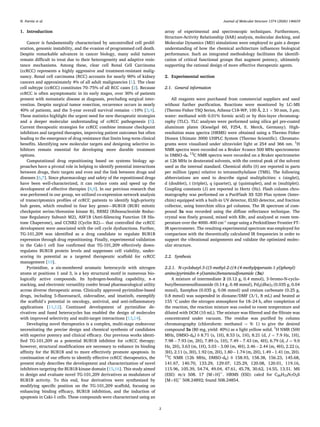1. Introduction
Cancer is fundamentally characterized by uncontrolled cell prolif­
eration, genomic instability, and the evasion of programmed cell death.
Despite remarkable advances in cancer biology, many solid tumors
remain difficult to treat due to their heterogeneity and adaptive resis­
tance mechanisms. Among these, clear cell Renal Cell Carcinoma
(ccRCC) represents a highly aggressive and treatment-resistant malig­
nancy. Renal cell carcinoma (RCC) accounts for nearly 90% of kidney
cancers and approximately 4% of all adult malignancies [1]. The clear
cell subtype (ccRCC) constitutes 70–75% of all RCC cases [2]. Because
ccRCC is often asymptomatic in its early stages, over 30% of patients
present with metastatic disease at diagnosis, precluding surgical inter­
vention. Despite surgical tumor resection, recurrence occurs in nearly
40% of patients, and the 5-year overall survival remains <10% [3,4].
These statistics highlight the urgent need for new therapeutic strategies
and a deeper molecular understanding of ccRCC pathogenesis [5].
Current therapeutic strategies for ccRCC combine immune checkpoint
inhibitors and targeted therapies, improving patient outcomes but often
leading to the emergence of drug resistance that limits long-term clinical
benefits. Identifying new molecular targets and designing selective in­
hibitors remain essential for developing more durable treatment
options.
Computational drug repositioning based on systems biology ap­
proaches have a pivotal role in helping to identify potential interactions
between drugs, their targets and even and the link between drugs and
diseases [6,7]. Since pharmacology and safety of the repositioned drugs
have been well-characterized, it can reduce costs and speed up the
development of effective therapies [8,9]. In our previous research that
was performed in our group, we utilized co-expression network analysis
of transcriptomics profiles of ccRCC patients to identify high-priority
hub genes, which resulted in four key genes—BUB1B (BUB1 mitotic
checkpoint serine/threonine kinase B), RRM2 (Ribonucleotide Reduc­
tase Regulatory Subunit M2), ASF1B (Anti-Silencing Function 1B His­
tone Chaperone), and CCNB2 (Cyclin B2)— that controlled the ccRCC
development were associated with the cell cycle dysfunctions. Further,
TG-101,209 was identified as a drug candidate to regulate BUB1B
expression through drug repositioning. Finally, experimental validation
in the Caki-1 cell line confirmed that TG-101,209 effectively down­
regulates BUB1B protein levels and suppresses cell viability, under­
scoring its potential as a targeted therapeutic scaffold for ccRCC
management [10].
Pyrimidine, a six-membered aromatic heterocycle with nitrogen
atoms at positions 1 and 3, is a key structural motif in numerous bio­
logically active compounds. Its hydrogen-bonding capability, π–π
stacking, and electronic versatility confer broad pharmacological utility
across diverse therapeutic areas. Clinically approved pyrimidine-based
drugs, including 5-fluorouracil, zidovudine, and imatinib, exemplify
the scaffold’s potential in oncology, antiviral, and anti-inflammatory
applications [11,12]. Continued development of pyrimidine de­
rivatives and fused heterocycles has enabled the design of molecules
with improved selectivity and multi-target interactions [13,14].
Developing novel therapeutics is a complex, multi-stage endeavour
necessitating the precise design and chemical synthesis of candidates
with superior potency and clinical efficacy. Our previous works identi­
fied TG-101,209 as a potential BUB1B inhibitor for ccRCC therapy;
however, structural modifications are necessary to enhance its binding
affinity for the BUB1B and to more effectively promote apoptosis. In
continuation of our efforts to identify effective ccRCC therapeutics, the
present study describes the development and characterization of novel
inhibitors targeting the BUB1B kinase domain [15,16]. This study aimed
to design and evaluate novel TG-101,209 derivatives as modulators of
BUB1B activity. To this end, four derivatives were synthesized by
modifying specific position on the TG-101,209 scaffold, focusing on
enhancing binding efficacy, BUB1B inhibition, and the induction of
apoptosis in Caki-1 cells. These compounds were characterized using an
array of experimental and spectroscopic techniques. Furthermore,
Structure-Activity Relationship (SAR) analysis, molecular docking, and
Molecular Dynamics (MD) simulations were employed to gain a deeper
understanding of how the chemical architecture influences biological
performance. Such an integrated methodology facilitates the identifi­
cation of critical functional groups that augment potency, ultimately
supporting the rational design of more effective therapeutic agents.
2. Experimental section
2.1. General information
All reagents were purchased from commercial suppliers and used
without further purification. Reactions were monitored by LC–MS
(Thermo Fisher TSQ Series, Athena C18-WP, 100 Å, 2.1 × 50 mm, 3 μm;
water: methanol with 0.01% formic acid) or by thin-layer chromatog­
raphy (TLC). TLC analyses were performed using silica gel pre-coated
aluminum plates (Kieselgel 60, F254, E. Merck, Germany). High-
resolution mass spectra (HRMS) were obtained using a Thermo Fisher
Dionex Ultimate 3000 UHPLC System (Thermo Scientific). Chromato­
grams were visualized under ultraviolet light at 254 and 366 nm. 1
H
NMR spectra were recorded on a Bruker Avance 500 MHz spectrometer
in DMSO‑d₆. 13
C NMR spectra were recorded on a Bruker spectrometer
at 126 MHz in deuterated solvents, with the central peak of the solvent
used as the internal standard. Chemical shifts (δ) are reported in parts
per million (ppm) relative to tetramethylsilane (TMS). The following
abbreviations are used to describe signal multiplicities: s (singlet),
d (doublet), t (triplet), q (quartet), qt (quintuplet), and m (multiplet).
Coupling constants (J) are reported in Hertz (Hz). Flash column chro­
matography was performed on a PuriFlash XS 520 Plus system (Inter­
chim) equipped with a built-in UV detector, ELSD detector, and fraction
collector, using Interchim silica gel columns. The IR spectrum of com­
pound 3a was recorded using the diffuse reflectance technique. The
crystal was finely ground, mixed with KBr, and analyzed at room tem­
perature over the 4000–400 cm⁻¹ range using a PerkinElmer Frontier FT-
IR spectrometer. The resulting experimental spectrum was employed for
comparison with the theoretically calculated IR frequencies in order to
support the vibrational assignments and validate the optimized molec­
ular structure.
2.2. Synthesis
2.2.1. N-cyclobutyl-3-((5-methyl-2-((4-(4-methylpiperazin-1-yl)phenyl)
amino)pyrimidin-4-yl)amino)benzenesulfonamide (3a)
A mixture of intermediate 2 (0.12 g, 0.4 mmol), 3‑bromo-N-cyclo­
butylbenzenesulfonamide (0.14 g, 0.48 mmol), Pd2(dba)3 (0.035 g, 0.04
mmol), Xantphos (0.035 g, 0.06 mmol) and cesium carbonate (0.25 g,
0.8 mmol) was suspended in dioxane/DMF (3/1, 8 mL) and heated at
155 ◦
C under the nitrogen atmosphere for 18–24 h, after completion of
the reaction, the reaction mixture was cooled to room temperature and
diluted with DCM (10 mL). The mixture was filtered and the filtrate was
concentrated under vacuum. The residue was purified by column
chromatography (chloroform: methanol = 9: 1) to give the desired
compound 3a (80 mg, yield: 40%) as a light yellow solid. 1
H NMR (500
MHz, DMSO‑d6) δ 8.71 (s, 1H), 8.53 (s, 1H), 8.21 (d, J = 7.9 Hz, 1H),
7.98 – 7.93 (m, 2H), 7.89 (s, 1H), 7.49 – 7.43 (m, 4H), 6.79 (d, J = 9.0
Hz, 2H), 3.63 (m, 1H), 3.03 – 3.00 (m, 4H), 2.46 – 2.44 (m, 4H), 2.22 (s,
3H), 2.11 (s, 3H), 1.92 (m, 2H), 1.80 – 1.74 (m, 2H), 1.49 – 1.41 (m, 2H).
13
C NMR (126 MHz, DMSO‑d6) δ 158.93, 158.38, 156.23, 145.68,
141.67, 140.70, 133.29, 129.07, 125.29, 120.08, 120.01, 119.16,
115.96, 105.39, 54.74, 49.04, 47.61, 45.78, 30.62, 14.55, 13.51. MS
(ESI): m/z 508. 17 [M+H]+
. HRMS (ESI): calcd for C26H33N7O2S
[M+H]+
508.24892; found 508.24854.
N. Parvizi et al. Journal of Molecular Structure 1374 (2026) 146659
2
 