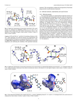 wagging at 570 and 523 cm⁻¹, and the S–N stretching vibration at 921
cm⁻¹. Good agreement was observed between the experimental and
scaled theoretical FT-IR spectra of compound 3a (B3LYP/6–311++G(d,
p), Figure S2A, Supplementary Information), supporting the structural
assignment and confirming the reliability of the optimized molecular
geometry. The correspondence validates the incorporation of functional
groups and the overall molecular framework.
3.2. Solid-state molecular, conformational, and crystal structure
3.2.1. Molecular geometry
X-ray structural analysis on compound 3a revealed the presence of
two crystallographically independent molecules within the asymmetric
unit. These molecules primarily differ in the orientation of their core
constituents and ring substituents (Fig. 1). The two molecules are ar­
ranged in a head-to-tail dimeric fashion, with each molecule stabilized
internally by multiple weak C—H⋅⋅⋅O/N intramolecular hydrogen
bonds. The shortest of these interactions are C22—H22⋅⋅⋅N4 (dH⋅⋅⋅N = 2.26
(2) Å) and C48—H48⋅⋅⋅N12 (dH⋅⋅⋅N = 2.36(2) Å). A notable disparity be­
tween the two independent fragments is evident, as exemplified by the
C19− S1− N7− C23 (molecule 1) and C45− S2− N14− C49 (molecule 2) tor­
sion angles of 61.66◦
and 59.90◦
, respectively. Furthermore, the phenyl
groups of the N-cyclobutylbenzenesulfonamide moieties exhibit varying
planarity with respect to the pyrimidine rings. While molecule 1 shows a
low inclination angle of 10.70(1)◦
, molecule 2 displays a more pro­
nounced deviation of 28.62(1)◦
. Similarly, the connection between
methylpyrazine rings and adjacent phenyl groups demonstrates distinct
and significant deviation angles of 47.28(1)◦
for molecule 1 and 30.95
(1)◦
for molecule 2.
Fig. 2. Capped-stick representation of noncovalent interactions in the crystal
structure of compound 3a, highlighting classical N—H⋅⋅⋅N and N—H⋅⋅⋅O
hydrogen bonds. Dashed green lines indicate intermolecular contacts, with
distances in Å and angles in degrees. Colour scheme: H (white), C (grey), N
(blue), O (red), S (yellow).
Fig. 3. Capped-stick representation of noncovalent interactions in the crystal structure of compound 3a, displaying unconventional C—H⋅⋅⋅O hydrogen bonds, and
C—H⋅⋅⋅π(ring) interactions. Dashed green lines indicate intermolecular contacts, with distances in Å and angles in degrees. Colour scheme: H (white), C (grey), N
(blue), O (red), S (yellow).
Fig. 4. Three-dimensional Hirshfeld surface mapped with the dnorm property, highlighting classical N—H⋅⋅⋅O and N—H⋅⋅⋅N hydrogen bonds in the crystal structure of
compound 3a. Colour scheme: H (white), C (grey), N (blue), O (red), S (yellow).
N. Parvizi et al. Journal of Molecular Structure 1374 (2026) 146659
6
 