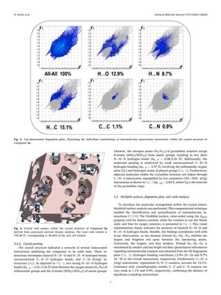 3.2.2. Crystal packing
The crystal structure indicated a network of several noncovalent
interactions stabilizing the compound in its solid state. These in­
teractions encompass classical N—H⋅⋅⋅O and N—H⋅⋅⋅N hydrogen bonds,
unconventional C—H⋅⋅⋅O hydrogen bonds, and C—H⋅⋅⋅π(ring) in­
teractions [46]. As depicted in Fig. 2, two strong N—H⋅⋅⋅O hydrogen
bonds (dH…O = 2.21/2.46 Å) form between the oxygen atoms (O1/O4) of
sulfonamide groups and the H-atoms (H(N6)/H(N13)) of amine groups.
Likewise, the nitrogen atoms (N5/N11) of pyrimidine moieties accept
H-atoms (H(N3)/H(N10)) from amine groups, resulting in two short
N—H⋅⋅⋅N hydrogen bonds (dH…N = 2.08/2.35 Å). Additionally, the
molecular packing is reinforced by weak unconventional C—H⋅⋅⋅O
hydrogen bonding (dH⋅⋅⋅O = 2.57 Å) involving the sulfonamide oxygen
atom (O1) and hydrogen atoms of phenyl groups (Fig. 3). Furthermore,
adjacent molecules within the crystalline structure are linked through
C—H⋅⋅⋅π interactions, exemplified by two symmetric C42—H42⋅⋅⋅π(Cg)
interactions as shown in Fig. 3 (dH⋅⋅⋅Cg = 2.84 Å, where Cg is the centroid
of the pyrimidine ring).
3.3. Hirshfeld surfaces, fingerprint plots, and voids analyses
To elucidate the molecular arrangement within the crystal lattice,
Hirshfeld surface analysis was performed. This computational technique
enabled the identification and quantification of intermolecular in­
teractions [47,48]. The Hirshfeld surface, color-coded using the dnorm
property (red for shorter contacts, white for contacts at van der Waals
radii, and blue for longer contacts), is presented in Fig. 4. This visual
representation clearly indicates the presence of classical N—H⋅⋅⋅O and
N—H⋅⋅⋅N hydrogen bonds. Notably, the findings corroborate well with
X-ray observations, as the shortest H-bond N3—H3⋅⋅⋅N13 exhibits the
largest and brightest red spots between the interacting atoms.
Conversely, the longest, and thus weakest, H-bond N6—H6⋅⋅⋅O4 is
manifested by smaller and less bright red dots. Quantitative information
regarding intermolecular contacts was obtained from the 2D fingerprint
plots (Fig. 5). Hydrogen bonding contributes 12.9% (H⋅⋅⋅O) and 8.7%
(H⋅⋅⋅N) to the overall interactions, respectively. Furthermore, C—H⋅⋅⋅π
(ring) interactions, represented by H⋅⋅⋅C contacts, account for 15.1%.
Consistent with crystallographic results, C⋅⋅⋅C and C⋅⋅⋅N contacts are
very weak at 1.1% and 0.9%, respectively, confirming the absence of
significant π-stacking interactions.
Fig. 5. Two-dimensional fingerprint plots, illustrating the individual contributions of intermolecular noncovalent interactions within the crystal structure of
compound 3a.
Fig. 6. Crystal void surface within the crystal structure of compound 3a
derived from procrystal electron density analysis. The total void volume is
795.58 Å³, corresponding to 28.26% of the unit cell volume.
N. Parvizi et al. Journal of Molecular Structure 1374 (2026) 146659
7
 