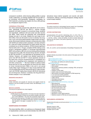 compared to sorafenib, while showing safety profiles in animal
model. Collectively, our findings establish SET135 and SET171
as promising multi-mechanistic therapeutic candidates for
HCC treatment, providing new insights into the p-JNK pathway
as a therapeutic target for HCC.
Limitations of the study
Our study extensively showed that JNK-IN-5A and its deriva­
tives, specifically SET135 and SET171, induces stronger
apoptotic cell death compare to conventional drugs, sorafenib
and regorafenib, additional cell-cycle arrest and also necrotic
cell death. These results are supported with computational
biology and also in vivo study. Despite this vast range of anti-
HCC effect, there are still works to prove to develop new drug.
First, much more strong MoA between target protein and deriv­
atives. We showed interaction between compounds and p-JNKs
with CETSA and cellular protein expression, and also activation
of c-JUN and nuclear translocation but these results may have
considered as an indirect evidence. CETSA showed significant
thermal shift at 55◦
C. Though, complete CETSA melting curves
across a temperature gradient or microscale thermophoresis
(MST) with purified p-JNK will convince binding affinity between
compounds and p-JNK. We showed strong necrotic cell death
by SET135 and SET171 and described as necroptosis and fer­
roptosis. However, still needed more detailed experiment to
prove how SET135 and SET171 induce apoptosis necrosis at
the same time. Immune microenvironment is considered as a
critical role in regulating tumor progression and resistance to
anti-HCC compounds.71,72
We have needed to perform further
study that how our new six derivative can show anti-HCC effect
on tumor microenvironment (TME) in vitro and in vivo animal
model. Major organ histology of 21 days mouse treatment with
10 to 20 mg/kg dose and GLP-like toxicity test of 7 days rat treat­
ment with 30–300 mg/kg dose showed JNK-IN-5A derivatives
are not strong toxic. However, to develop new drug pharmaco­
kinetics analysis in vivo is demanded.
RESOURCE AVAILABILITY
Lead contact
Further information and requests for resources and reagents should be
directed to and will be fulfilled by the lead contact, Adil Mardinoglu (adilm@
scilifelab.se).
Materials availability
This study did not generate new unique reagents.
Data and code availability
• RNA-sequencing data generated in this study have been deposited in
the Gene Expression Omnibus and are publicly available under acces­
sion number GSE255617. This study did not generate original codes.
• Microscopy data reported in this paper will be shared by the lead con­
tact upon request. Any additional information required to reanalyze the
data reported in this paper is available from the lead contact upon
request.
SIGNIFICANCE STATEMENT
This study identifies JNK/c-Jun pathway as a therapeutic target
to hepatocellular carcinoma and demonstrates that JNK-IN-5A
derivatives induce distinct apoptotic and necrotic cell death
mechanisms, offering a promising therapeutic strategy beyond
current kinase inhibitors.
ACKNOWLEDGMENTS
The authors would like to acknowledge financial support from ScandiEdge
Therapeutics and the Knut and Alice Wallenberg Foundation.
AUTHOR CONTRIBUTIONS
Conceptualization, W.K. and A.M.; methodology, W.K., H.J., M.O., P.M., X.L.,
M.L., S.I., J.S., S.A, and B.B.; writing – original draft, W.K., H.J., M.O., P.M., X.
L., and M.L.; writing – review and editing, all authors involved editing and
approved the final version of the article; supervision, A.M., M.U., C.Z., X.S.,
J.B., and H.T.
DECLARATION OF INTERESTS
A.M., J.B., and M.U. are the shareholders of ScandiEdge Therapeutics AB.
STAR★METHODS
Detailed methods are provided in the online version of this paper and include
the following:
• KEY RESOURCES TABLE
• EXPERIMENTAL MODEL AND STUDY PARTICIPANT DETAILS
○ Cell culture, cell viability and cytotoxicity assay
• METHOD DETAILS
○ Western blot and CETSA analysis
○ FACs analysis
○ Mitochondria membrane potential, autophagy, ROS, and lipid per­
oxidation assay
○ Caspase-3 activity assay
○ Invasion assay and wound healing assay
○ RNA extraction and sample preparation for RNA sequencing
○ In vivo anti-tumor activity evaluation
○ Immunohistochemistry (IHC) experiment
○ TUNEL staining
○ Pathological examinations
○ Haematological tests
• QUANTIFICATION AND STATISTICAL ANALYSIS
○ RNA-sequencing
○ RNA-seq data pre-processing
○ Differential expression analysis
○ GLP-like toxicity study in rats
○ Principal component analysis
○ Gene set analysis
○ Comparison of DEGs
○ Mechanism of action (MoA) prediction
○ Statistical analysis for RNA-seq and experimental data
SUPPLEMENTAL INFORMATION
Supplemental information can be found online at https://doi.org/10.1016/j.isci.
2026.116005.
Received: August 6, 2025
Revised: November 14, 2025
Accepted: April 30, 2026
14 iScience 29, 116005, June 19, 2026
iScience
Article
ll
OPEN ACCESS
 