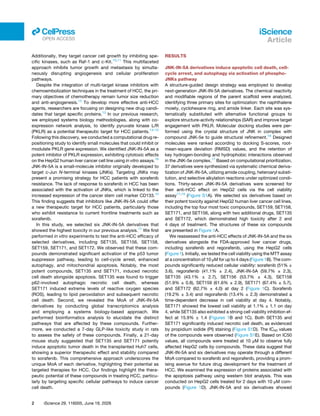 Additionally, they target cancer cell growth by inhibiting spe­
cific kinases, such as Raf-1 and c-Kit.10,11
This multifaceted
approach inhibits tumor growth and metastasis by simulta­
neously disrupting angiogenesis and cellular proliferation
pathways.
Despite the integration of multi-target kinase inhibitors with
chemoembolization techniques in the treatment of HCC, the pri­
mary objectives of chemotherapy remain tumor size reduction
and anti-angiogenesis.12
To develop more effective anti-HCC
agents, researchers are focusing on designing new drug candi­
dates that target specific proteins.13
In our previous research,
we employed systems biology methodologies, along with co-
expression network analysis, to identify pyruvate kinase L/R
(PKLR) as a potential therapeutic target for HCC patients.13–15
Following this discovery, we conducted a computational drug re­
positioning study to identify small molecules that could inhibit or
modulate PKLR gene expression. We identified JNK-IN-5A as a
potent inhibitor of PKLR expression, exhibiting cytotoxic effects
on the HepG2 human liver cancer cell line using in vitro assays.16
JNK-IN-5A is a small-molecule inhibitor originally developed to
target c-Jun N-terminal kinases (JNKs). Targeting JNKs may
present a promising strategy for HCC patients with sorafenib
resistance. The lack of response to sorafenib in HCC has been
associated with the activation of JNKs, which is linked to the
increased expression of the cancer stem cell marker CD133.10
This finding suggests that inhibitors like JNK-IN-5A could offer
a new therapeutic target for HCC patients, particularly those
who exhibit resistance to current frontline treatments such as
sorafenib.
In this study, we selected six JNK-IN-5A derivatives that
showed the highest toxicity in our previous analysis.17
We first
performed in vitro experiments to test the anti-HCC efficacy of
selected derivatives, including SET135, SET156, SET158,
SET159, SET171, and SET172. We observed that these com­
pounds demonstrated significant activation of the p53 tumor
suppressor pathway, leading to cell-cycle arrest, enhanced
autophagy, and mitochondrial apoptosis. Notably, the most
potent compounds, SET135 and SET171, induced necrotic
cell death alongside apoptosis. SET135 was found to trigger
p62-involved autophagic necrotic cell death, whereas
SET171 induced extreme levels of reactive oxygen species
(ROS), leading to lipid peroxidation and subsequent necrotic
cell death. Second, we revealed the MoA of JNK-IN-5A
derivatives by conducting global transcriptomics analysis
and employing a systems biology-based approach. We
performed bioinformatics analysis to elucidate the distinct
pathways that are affected by these compounds. Further­
more, we conducted a 7-day GLP-like toxicity study in rats
to assess the safety of these compounds. Finally, a 21-day
mouse study suggested that SET135 and SET171 potently
induce apoptotic tumor death in the transplanted Huh7 cells,
showing a superior therapeutic effect and stability compared
to sorafenib. This comprehensive approach underscores the
unique MoA of each derivative, highlighting their potential as
targeted therapies for HCC. Our findings highlight the thera­
peutic potential of these compounds in treating HCC, particu­
larly by targeting specific cellular pathways to induce cancer
cell death.
RESULTS
JNK-IN-5A derivatives induce apoptotic cell death, cell-
cycle arrest, and autophagy via activation of phospho-
JNKs pathway
A structure-guided design strategy was employed to develop
next-generation JNK-IN-5A derivatives. The chemical reactivity
and modifiable regions of the parent scaffold were analyzed,
identifying three primary sites for optimization: the naphthalene
moiety, cyclohexane ring, and amide linker. Each site was sys­
tematically substituted with alternative functional groups to
explore structure-activity relationships (SAR) and improve target
engagement with PKLR. Molecular docking studies were per­
formed using the crystal structure of JNK in complex with
compound JNK-5e to guide structural refinement.18
Designed
molecules were ranked according to docking S-scores, root-
mean-square deviation (RMSD) values, and the retention of
key hydrogen-bonding and hydrophobic interactions observed
in the JNK-5e complex.17
Based on computational prioritization,
37 derivatives were synthesized via systematic chemical deriva­
tization of JNK-IN-5A, utilizing amide coupling, heteroaryl substi­
tution, and selective alkylation reactions under optimized condi­
tions. Thirty-seven JNK-IN-5A derivatives were screened for
their anti-HCC effect on HepG2 cells via the cell viability
assay17,19
(Figure S1A). We selected six derivatives based on
their potent toxicity against HepG2 human liver cancer cell lines,
including the top four most toxic compounds, SET159, SET158,
SET171, and SET156, along with two additional drugs, SET135
and SET172, which demonstrated high toxicity after 2 and
4 days of treatment. The structures of these six compounds
are presented in Figure 1A.
We reassessed the anti-HCC effects of JNK-IN-5A and the six
derivatives alongside the FDA-approved liver cancer drugs,
including sorafenib and regorafenib, using the HepG2 cells
(Figure 1). Initially, we tested the cell viability using the MTT assay
at a concentration of 10 μM for up to 4 days (Figure 1B). The com­
pounds significantly reduced cellular viability: sorafenib (51% ±
3.6), regorafenib (41.1% ± 2.4), JNK-IN-5A (59.7% ± 2.3),
SET135 (43.1% ± 2.7), SET156 (53.7% ± 4.3), SET158
(51.9% ± 0.8), SET159 (61.6% ± 2.9), SET171 (67.4% ± 5.7),
and SET172 (62.7% ± 4.0) at day 2 (Figure 1C). Sorafenib
(19.2% ± 3.4) and regorafenib (13.4% ± 2.3) demonstrated a
time-dependent decrease in cell viability at day 4. Notably,
SET171 showed the lowest cell viability at 1.1% ± 1.1 on day
4, while SET135 also exhibited a strong cell viability inhibition ef­
fect at 15.9% ± 1.4 (Figures 1B and 1C). Both SET135 and
SET171 significantly induced necrotic cell death, as evidenced
by propidium iodide (PI) staining (Figure S1D). The IC50 values
of the compounds were observed (Figure S1E). Based on IC50
values, all compounds were treated at 10 μM to observe fully
affected HepG2 cells by compounds. These data suggest that
JNK-IN-5A and six derivatives may operate through a different
MoA compared to sorafenib and regorafenib, providing a prom­
ising avenue for future drug development for the treatment of
HCC. We examined the expression of proteins associated with
the apoptosis pathway using western blot analysis. This was
conducted on HepG2 cells treated for 2 days with 10 μM com­
pounds (Figure 1D). JNK-IN-5A and six derivatives showed
2 iScience 29, 116005, June 19, 2026
iScience
Article
ll
OPEN ACCESS
 