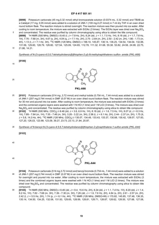 EP 4 417 601 A1
19
5
10
15
20
25
30
35
40
45
50
55
[0098] Potassium carbonate (45 mg,0.32 mmol) ethyl bromoacetate solution (0.0374 mL, 0.32 mmol) and TBAB as
a Catalyst (17 mg, 0.05 mmol) were added to a solution of JNK-1 (100 mg,0.27 mmol) in 7 ml dry THF in an oven dried
round bottom flask. The reaction mixture is stirred overnight. The reaction mixture was then poured into ice water. After
cooling to room temperature, the mixture was extracted with EtOAc (3 times). The EtOAc layer was dried over Na2SO4
and concentrated. The residue was purified by column chromatography using silica to obtain the title compound.
[0099] 1H NMR (500 MHz, DMSO) δ 8.40 (t, J = 7.9 Hz, 2H), 8.24 (dd, J = 1.1, 7.5 Hz, 1H), 8.18 (dd, J = 1.7, 7.8 Hz,
1H), 7.76 - 7.68 (m, 3H), 4.67 (s, 2H), 4.04 (q, J = 7.1 Hz, 2H), 2.75 - 2.64 (m, 2H), 2.50 - 2.42 (m, 2H), 1.86 - 1.73 (m,
4H), 1.13 (t, J = 7.1 Hz, 3H). 13C NMR (126 MHz, DMSO) δ 168.10, 145.87, 138.14, 136.25, 134.54, 134-04, 132.88,
131.56, 129.60, 128.79, 128.60, 127.54, 125.09, 124.65, 112.78, 111.32, 61.68, 55.38, 53.82, 24.58, 24.08, 22.75,
21.86, 14.21.
Synthesis of N-(3-cyano-4,5,6,7-tetrahydrobenzo[b]thiophen-2-yl)-N-methylnaphthalene-i-sulfon- amide (PKL-A66)
[0100]
[0101] Potassium carbonate (514 mg ,3.72 mmol) and methyl iodide (0.754 mL, 7.44 mmol) was added to a solution
of JNK-1 (207 mg,0.744 mmol) in DMF (0.07 M) in an oven dried round bottom flask. The reaction mixture was stirred
for 30 min and poured into ice water. After cooling to room temperature, the mixture was extracted with EtOAc (3 times)
and the combined organic layers were washed with 1 N HCl (1 time) and 1 M LiCl (3 times). The mixture was dried over
Na2SO4 and concentrated. The residue was purified by column chromatography using silica to obtain title compound.
[0102] 1H NMR (500 MHz, CDCl3) δ 8.48 (dd, J = 3.6, 6.9 Hz, 1H), 8.18 (dd, J = 1.6, 7.5 Hz, 1H), 8.07 (d, J = 8.3 Hz,
1H), 7.89 - 7.84 (m, 1H), 7.55 - 7.46 (m, 3H), 3.28 - 3.22 (m, 3H), 2.58 (t, J = 6.1 Hz, 2H), 2.44 - 2.37 (m, 2H), 1.75 (tt,
J = 5.8, 14.3 Hz, 4H). 13C NMR (126 MHz, CDCl3) δ 135.07, 134.49, 133.43, 133.37, 130.68, 130.42, 128.07, 127.83,
127.20, 126.03, 123.99, 123.09, 39.27, 23.73, 23.13, 21.84, 20.87.
Synthesis of N-benzyl-N-(3-cyano-4,5,6,7-tetrahydrobenzo[b]thiophen-2-yl)naphthalene-1-sulfon-amide (PKL-A44)
[0103]
[0104] Potassium carbonate (514 mg,3.72 mmol) and benzyl bromide (0.754 mL, 7.44 mmol) were added to a solution
of JNK-1 (207 mg,0.744 mmol) in DMF (0.07 M) in an oven dried round bottom flask. The reaction mixture was stirred
for overnight and poured into ice water. After cooling to room temperature, the mixture was extracted with EtOAc (3
times) and the combined organic layers were washed with 1 N HCl (1 time) and 1 M LiCl (3 times). The mixture was
dried over Na2SO4 and concentrated. The residue was purified by column chromatography using silica to obtain title
compound.
[0105] 1H NMR (500 MHz, DMSO) δ 8.46 (dd, J = 8.4, 15.6 Hz, 2H), 8.34 (dd, J = 1.1, 7.4 Hz, 1H), 8.20 (dd, J = 1.4,
8.2 Hz, 1H), 7.82 - 7.68 (m, 3H), 7.39 - 7.30 (m, 3H), 7.26 (dd, J = 1.9, 7.6 Hz, 2H), 4.84 (s, 2H), 2.61 - 2.57 (m, 2H),
2.42 (t, J = 5.5 Hz, 2H), 1.74 (p, J = 6.1 Hz, 4H). 13C NMR (126 MHz, DMSO-H6) δ 170.82, 145.85, 137.48, 136.35,
135.14, 134.50, 134.25, 132.06, 131.93, 129.65, 128.99, 128.81, 128.71, 128.67, 128.62, 128.50, 127.68, 127.08,
 