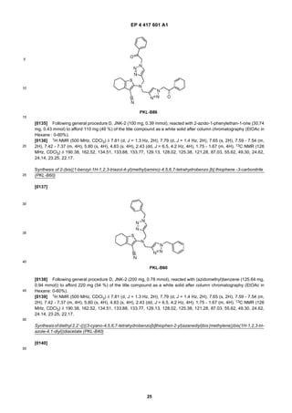 EP 4 417 601 A1
25
5
10
15
20
25
30
35
40
45
50
55
[0135] Following general procedure D, JNK-2 (100 mg, 0.39 mmol), reacted with 2-azido-1-phenylethan-1-one (30.74
mg, 0.43 mmol) to afford 110 mg (49 %) of the title compound as a white solid after column chromatography (EtOAc in
Hexane : 0-60%).
[0136] 1H NMR (500 MHz, CDCl3) δ 7.81 (d, J = 1.3 Hz, 2H), 7.79 (d, J = 1.4 Hz, 2H), 7.65 (s, 2H), 7.59 - 7.54 (m,
2H), 7.42 - 7.37 (m, 4H), 5.80 (s, 4H), 4.83 (s, 4H), 2.43 (dd, J = 6.5, 4.2 Hz, 4H), 1.75 - 1.67 (m, 4H). 13C NMR (126
MHz, CDCl3) δ 190.38, 162.52, 134.51, 133.88, 133.77, 129.13, 128.02, 125.38, 121.28, 87.03, 55.62, 49.30, 24.62,
24.14, 23.25, 22.17.
Synthesis of 2-(bis((1-benzyl-1H-1,2,3-triazol-4-yl)methyl)amino)-4,5,6,7-tetrahydrobenzo [b] thiophene -3-carbonitrile
(PKL-B60)
[0137]
[0138] Following general procedure D, JNK-2 (200 mg, 0.78 mmol), reacted with (azidomethyl)benzene (125.64 mg,
0.94 mmol)) to afford 220 mg (54 %) of the title compound as a white solid after column chromatography (EtOAc in
Hexane: 0-60%).
[0139] 1H NMR (500 MHz, CDCl3) δ 7.81 (d, J = 1.3 Hz, 2H), 7.79 (d, J = 1.4 Hz, 2H), 7.65 (s, 2H), 7.59 - 7.54 (m,
2H), 7.42 - 7.37 (m, 4H), 5.80 (s, 4H), 4.83 (s, 4H), 2.43 (dd, J = 6.5, 4.2 Hz, 4H), 1.75 - 1.67 (m, 4H). 13C NMR (126
MHz, CDCl3) δ 190.38, 162.52, 134.51, 133.88, 133.77, 129.13, 128.02, 125.38, 121.28, 87.03, 55.62, 49.30, 24.62,
24.14, 23.25, 22.17.
Synthesisofdiethyl 2,2’-((((3-cyano-4,5,6,7-tetrahydrobenzo[b]thiophen-2-yl)azanediyl)bis(methylene))bis(1H-1,2,3-tri-
azole-4,1-diyl))diacetate (PKL-B40)
[0140]
 