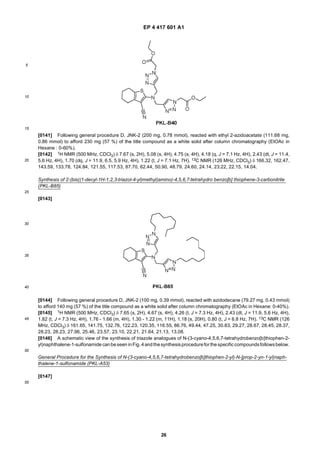 EP 4 417 601 A1
26
5
10
15
20
25
30
35
40
45
50
55
[0141] Following general procedure D, JNK-2 (200 mg, 0.78 mmol), reacted with ethyl 2-azidoacetate (111.68 mg,
0.86 mmol) to afford 230 mg (57 %) of the title compound as a white solid after column chromatography (EtOAc in
Hexane : 0-60%).
[0142] 1H NMR (500 MHz, CDCl3) δ 7.67 (s, 2H), 5.08 (s, 4H), 4.75 (s, 4H), 4.18 (q, J = 7.1 Hz, 4H), 2.43 (dt, J = 11.4,
5.6 Hz, 4H), 1.70 (dq, J = 11.9, 6.5, 5.9 Hz, 4H), 1.22 (t, J = 7.1 Hz, 7H). 13C NMR (126 MHz, CDCl3) δ 166.32, 162.47,
143.59, 133.78, 124.84, 121.55, 117.53, 87.70, 62.44, 50.90, 48.79, 24.60, 24.14, 23.22, 22.15, 14.04.
Synthesis of 2-(bis((1-decyl-1H-1,2,3-triazol-4-yl)methyl)amino)-4,5,6,7-tetrahydro benzo[b] thiophene-3-carbonitrile
(PKL-B85)
[0143]
[0144] Following general procedure D, JNK-2 (100 mg, 0.39 mmol), reacted with azidodecane (79.27 mg, 0.43 mmol)
to afford 140 mg (57 %) of the title compound as a white solid after column chromatography (EtOAc in Hexane: 0-40%).
[0145] 1H NMR (500 MHz, CDCl3) δ 7.65 (s, 2H), 4.67 (s, 4H), 4.26 (t, J = 7.3 Hz, 4H), 2.43 (dt, J = 11.9, 5.6 Hz, 4H),
1.82 (t, J = 7.3 Hz, 4H), 1.76 - 1.66 (m, 4H), 1.30 - 1.22 (m, 11H), 1.18 (s, 20H), 0.80 (t, J = 6.8 Hz, 7H). 13C NMR (126
MHz, CDCl3) δ 161.65, 141.75, 132.76, 122.23, 120.35, 116.55, 86.76, 49.44, 47.25, 30.83, 29.27, 28.67, 28.45, 28.37,
28.23, 28.23, 27.96, 25.46, 23.57, 23.10, 22.21, 21.64, 21.13, 13.08.
[0146] A schematic view of the synthesis of triazole analogues of N-(3-cyano-4,5,6,7-tetrahydrobenzo[b]thiophen-2-
yl)naphthalene-1-sulfonamide canbeseen inFig. 4andthesynthesisprocedurefor thespecificcompoundsfollowsbelow.
General Procedure for the Synthesis of N-(3-cyano-4,5,6,7-tetrahydrobenzo[b]thiophen-2-yl)-N-[prop-2-yn-1-yl)naph-
thalene-1-sulfonamide (PKL-A53)
[0147]
 