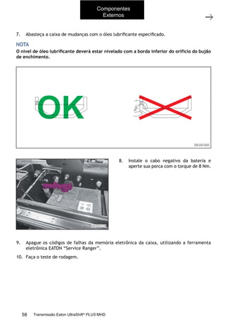 28
Operações com a caixa instalada no veículo
11/2015
308-03H - Caixa de Mudanças EATON ES 11109
7. Abasteça a caixa de mudanças com o óleo lubriﬁcante especiﬁcado.
O nível de óleo lubriﬁcante deverá estar nivelado com a borda inferior do orifício do bujão
de enchimento.
NOTA
308-03H-0020
OK
8. Instale o cabo negativo da bateria e
aperte sua porca com o torque de 8 Nm.
9. Apague os códigos de falhas da memória eletrônica da caixa, utilizando a ferramenta
eletrônica EATON “Service Ranger”.
10. Faça o teste de rodagem.
Componentes
Externos
58 Transmissão Eaton UltraShift®
PLUS MHD
 