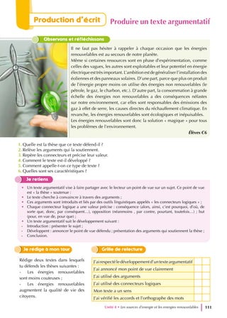 1. Quelle est la thèse que ce texte défend-il ?
2. Relève les arguments qui la soutiennent.
3. Repère les connecteurs et précise leur valeur.
4. Comment le texte est-il développé ?
5. Comment appelle-t-on ce type de texte ?
6. Quelles sont ses caractéristiques ?
J’airespectéledéveloppementd’untexteargumentatif
J’ai annoncé mon point de vue clairement
J’ai utilisé des arguments
J’ai utilisé des connecteurs logiques
Mon texte a un sens
J’ai vérifié les accords et l’orthographe des mots
Je rédige à mon tour Grille de relecture
Rédige deux textes dans lesquels
tu défends les thèses suivantes :
- Les énergies renouvelables
sont moins couteuses ;
- Les énergies renouvelables
augmentent la qualité de vie des
citoyens.
Je retiens
• Un texte argumentatif vise à faire partager avec le lecteur un point de vue sur un sujet. Ce point de vue
est « la thèse » soutenue :
• Le texte cherche à convaincre à travers des arguments ;
• Ces arguments sont introduits et liés par des outils linguistiques appelés « les connecteurs logiques » ;
• Chaque connecteur logique a une valeur précise : conséquence (alors, ainsi, c’est pourquoi, d’où, de
sorte que, donc, par conséquent…), opposition (néanmoins , par contre, pourtant, toutefois…) ; but
(pour, en vue de, pour que) ;
• Un texte argumentatif suit le développement suivant :
- Introduction : présenter le sujet ;
- Développent : annoncer le point de vue défendu ; présentation des arguments qui soutiennent la thèse ;
- Conclusion.
Observons et réfléchissons
Il ne faut pas hésiter à rappeler à chaque occasion que les énergies
renouvelables est au secours de notre planète.
Même si certaines ressources sont en phase d’expérimentation, comme
celles des vagues, les autres sont exploitables et leur potentiel en énergie
électrique est très important. L’ambition est de généraliser l’installation des
éoliennes et des panneaux solaires. D’une part, parce que plus on produit
de l’énergie propre moins on utilise des énergies non renouvelables (le
pétrole, le gaz, le charbon, etc.). D’autre part, la consommation à grande
échelle des énergies non renouvelables a des conséquences néfastes
sur notre environnement, car elles sont responsables des émissions des
gaz à effet de serre, les causes directes du réchauffement climatique. En
revanche, les énergies renouvelables sont écologiques et inépuisables.
Les énergies renouvelables sont donc la solution « magique » pour tous
les problèmes de l’environnement.
Élèves C6
Unité 4 • Les sources d’energie et les energies renouvelables 111
Production d’écrit Produire un texte argumentatif
 