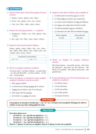 1. Chasse l’intrus dans chacun des groupes de mots
suivants.
a. Joujou - voyou - genou - pou - bijou
b. Écrou - fou - genou - trou - sou - verrou
c. Lieu - jeu - bleu - adieu - pieu - neveu
2. Entoure les mots qui prennent « s » au pluriel.
a. Kangourou - caillou - cou - clou - genou - mou
- voyou
b. Jeu - pieu - feu - bleu - aveu - pneu - cheveu
3. Range les mots suivants dans le tableau.
Verrou - genou - pneu - bijou - lieu - cou - chou -
trou - adieu - bleu - hibou - clou - essieu - pou - sou
- joujou - pieu - écrou - verrou
Au pluriel, le mot prend…
…un « -s ». …un « -x ».
6. Récris ces groupes nominaux au pluriel.
Un écrou serré - un bijou coûteux - un pneu bleu
- un chou de Bruxelles - un beau mérou - un feu
vert - un joli joujou
7. Récris les phrases en mettant les mots soulignés
au pluriel. Attention à tous les accords !
a. Mon vœu se réalise.
b. Le mécanicien change le pneu de la voiture.
c. L’émeu est un oiseau, mais il ne vole pas.
d. Mon papa cherche un clou.
e. Cet enfant a un caillou à la main.
4. Range les mots dans le tableau, puis complète-le.
a. J’ai découvert un nouveau jeu sur ce site
b. Le rideau bleu est assorti avec la peinture.
c. La voiture vient d’allumer ses feux de détresse.
d. Les clous sont rangés dans la boite à outils.
e. Il a donné quelques sous au mendiant.
f. La chevelure de cette fille est infestée de poux.
Noms singulier Noms pluriels
Un jeu Des jeux
5. Mettez au singulier les groupes nominaux
suivants.
Des beaux bijoux - mes petits neveux - des clous
du spectacle - des poux sur des cheveux - des
bleus sur la palette - des adieux émouvants - des
grands trous
8. Formez des phrases avec les GN suivants que vous
emploierez au pluriel.
a. Un affreux voyou
b. Un feu lumineux
c. Un fil vert et bleu
d. Un caillou pointu
e. Un joujou nouveau
Je m’exerce
Vers l’écrit
Écris deux phrase avec :
- Un mot en « -eu » qui fait son pluriel en « -s ».
- Un mot en « -eu » qui fait son pluriel en « - x ».
- Un mot en « - ou » qui fait son pluriel en « - s ».
- Un mot en « - ou » qui fait son pluriel en « - x ».
Dans la 1re
phrase, le mot sera au singulier. Dans la 2e
phrase, le mot sera au pluriel.
Défi langue
L’un propose un mot qui se termine par : « ou » et « eu » et l’autre écrit son pluriel. Échangez les rôles et
vérifiez si vous avez bien orthographié les mots.
Unité 5 • Les defis de la vie contemporaine 137
 