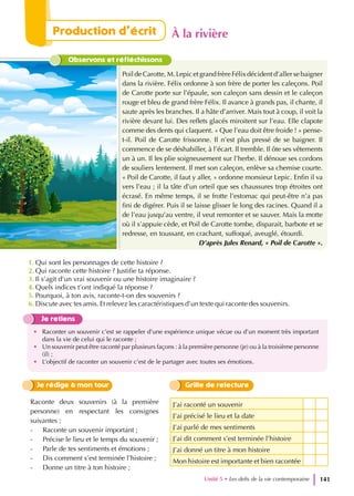 1. Qui sont les personnages de cette histoire ?
2. Qui raconte cette histoire ? Justifie ta réponse.
3. Il s’agit d’un vrai souvenir ou une histoire imaginaire ?
4. Quels indices t’ont indiqué la réponse ?
5. Pourquoi, à ton avis, raconte-t-on des souvenirs ?
6. Discute avec tes amis. Et relevez les caractéristiques d’un texte qui raconte des souvenirs.
J’ai raconté un souvenir
J’ai précisé le lieu et la date
J’ai parlé de mes sentiments
J’ai dit comment s’est terminée l’histoire
J’ai donné un titre à mon histoire
Mon histoire est importante et bien racontée
Je rédige à mon tour Grille de relecture
Raconte deux souvenirs (à la première
personne) en respectant les consignes
suivantes :
- Raconte un souvenir important ;
- Précise le lieu et le temps du souvenir ;
- Parle de tes sentiments et émotions ;
- Dis comment s’est terminée l’histoire ;
- Donne un titre à ton histoire ;
Je retiens
• Raconter un souvenir c’est se rappeler d’une expérience unique vécue ou d’un moment très important
dans la vie de celui qui le raconte ;
• Un souvenir peut être raconté par plusieurs façons : à la première personne (je) ou à la troisième personne
(il) ;
• L’objectif de raconter un souvenir c’est de le partager avec toutes ses émotions.
Observons et réfléchissons
Poil de Carotte, M. Lepic et grand frère Félix décident d’aller se baigner
dans la rivière. Félix ordonne à son frère de porter les caleçons. Poil
de Carotte porte sur l’épaule, son caleçon sans dessin et le caleçon
rouge et bleu de grand frère Félix. Il avance à grands pas, il chante, il
saute après les branches. Il a hâte d’arriver. Mais tout à coup, il voit la
rivière devant lui. Des reflets glacés miroitent sur l’eau. Elle clapote
comme des dents qui claquent. « Que l’eau doit être froide ! » pense-
t-il. Poil de Carotte frissonne. Il n’est plus pressé de se baigner. Il
commence de se déshabiller, à l’écart. Il tremble. Il ôte ses vêtements
un à un. Il les plie soigneusement sur l’herbe. Il dénoue ses cordons
de souliers lentement. Il met son caleçon, enlève sa chemise courte.
« Poil de Carotte, il faut y aller, » ordonne monsieur Lepic. Enfin il va
vers l’eau ; il la tâte d’un orteil que ses chaussures trop étroites ont
écrasé. En même temps, il se frotte l’estomac qui peut-être n’a pas
fini de digérer. Puis il se laisse glisser le long des racines. Quand il a
de l’eau jusqu’au ventre, il veut remonter et se sauver. Mais la motte
où il s’appuie cède, et Poil de Carotte tombe, disparait, barbote et se
redresse, en toussant, en crachant, suffoqué, aveuglé, étourdi.
D’après Jules Renard, « Poil de Carotte ».
Unité 5 • Les defis de la vie contemporaine 141
Production d’écrit À la rivière
 