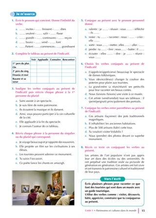1. Écris le pronom qui convient. Donne l’infinitif du
verbe.
a. …… invites - …… finissent - …… dites
b. …… veulent - …… salit - …… Passe
c. …… grandit - …… continuons - …… reçois
d. …… buvez - …… vend - …… font
e. ……Partent-……commences-……grandissent
2. Complète le tableau au présent de l’indicatif.
Voir Applaudir Connaitre Rencontrer
1re
pers du plur.
On
2e
pers du sing.
Dounia et moi
Rayane et sa
sœur
3. Souligne les verbes conjugués au présent de
l’indicatif puis réécris chaque phrase à la 1re
personne du pluriel
a. Sami assiste à un spectacle.
b. Je suis fière de notre patrimoine.
c. Ils écoutent la musique et ils dansent.
d. Ainsi, vous pouvez participer à la vie culturelle
de la cité.
e. Elle applaudit à la fin du spectacle.
f. Je connais l’auteur de ce tableau.
4. Récris chaque phrase à la personne du singulier
ou du pluriel qui correspond.
a. Je voyage beaucoup et je rapporte des souvenirs.
b. Elle projette un film sur les civilisations à ses
élèves.
c. Les touristes peuvent admirer ce monument.
d. Tu saisis l’occasion.
e. Ce poète lance les chants en amazigh.
5. Conjugue au présent avec le pronom personnel
donné.
a. ralentir : je …… - réussir : vous …… - réfléchir
: ils ……
b. rester : tu …… - raconter : nous : …… - crier :
elle ……
c. sortir : nous …… - mettre : elles …… - aller : ……
d. perdre : tu …… - finir : nous…… - battre : il ……
e. écouter : elles …… - dire : je …… - réunir :
vous ……
6. Choisis les verbes conjugués au présent de
l’indicatif
a. J’(apprécie/apprécierai) beaucoup le spectacle
de danses folkloriques.
b. Vous (deviez/devez) changer la couleur des
poteries pour plaire aux touristes.
c. La grand-mère (a réuni/réunit) ses petits-fils
pour leur raconter ses beaux contes.
d. Nous (faisions /faisons) une visite à ce musée.
e. Cet artiste (vend/vendait) tous ses tableaux : il
(peint/peignait) principalement des portraits.
7. Conjugue les verbes entre parenthèses au présent
de l’indicatif.
a. Ces artisans (façonner) des pots traditionnels
magnifiques.
b. Il (réhabiliter) les anciennes habitations.
c. Plus de 500 artisans (bâtir) cette tour.
d. Tu (vouloir) visiter Volubilis ?
e. Nous (prendre) des photos devant ce superbe
monument.
8. Récris ce texte en conjuguant les verbes au
présent.
Les artistes de l’art populaire n’ont pas appris
leur art dans des écoles ou des universités. Ils
ont perpétué une tradition orale ou picturale de
génération en génération. Ces artistes ont fait vivre
et ont transmis le patrimoine culturel et traditionnel
de leur pays.
Je m’exerce
Vers l’écrit
Écris plusieurs phrases pour raconter ce que
font des touristes qui sont dans un musée avec
un guide touristique.
Utilise des verbes comme : visiter, découvrir,
bâtir, apprécier, construire que tu conjugueras
au présent.
Unité 1 • Patrimoines et cultures dans le monde 15
 