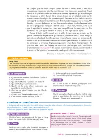 ne comprit pas très bien ce qu’il venait de voir. Il tourna alors la tête pour
regarder une deuxième fois. Il y avait bien un chat tigré, assis au coin de Privet
Drive, mais pas la moindre trace de carte routière. Qu’est-ce qui avait bien pu
lui passer par la tête ? Il avait dû se laisser abuser par un reflet du soleil sur le
trottoir. Mr Dursley cligna des yeux et regarda fixement le chat. Celui-ci soutint
son regard. Tandis qu’il tournait le coin de la rue et s’engageait sur la route, Mr
Dursley continua d’observer le chat dans son rétroviseur. L’animal était en train
de lire la plaque qui indiquait « Privet Drive » - mais non, voyons, il ne lisait
pas, il regardait la plaque. Les chats sont incapables de lire des cartes ou des
écriteaux. Mr Dursley se ressaisit et chassa le chat tigré de son esprit.
Durant le trajet qui le menait vers la ville, il concentra ses pensées sur la
grosse commande de perceuses qu’il espérait obtenir ce jour-là. Mais lorsqu’il
parvint aux abords de la ville quelque chose d’autre chassa les perceuses de
sa tête. Assis au milieu des habituels embouteillages du matin, il fut bien forcé
de remarquer la présence de plusieurs passants vêtus d’une étrange façon : ils
portaient des capes. Mr Dursley ne supportait pas les gens qui s’habillaient
d’une manière extravagante4 - les jeunes avaient parfois de ces accoutrements !
Il pensa qu’il s’agissait d’une nouvelle mode particulièrement stupide.
D’après J. k. ROWLING, Harry Potter à l’école des Sorciers,
Je comprends
1. Quels sont les membres de la famille Dursley ?
2. Où habitent-ils ?
3. Qui est Mr. Dursley ? Quel est son métier ?
4. Qui est Dudley ? Comment est-il ?
5. Quelle est la seule chose indésirable que
possédait la famille Dursley ?
6. Quel est ce détail insolite que Mr. Dursley
remarqua-t-il ?
7. Qu’est-ce qu’il espérait obtenir ce jour-là ?
8. Cette histoire est-elle réelle ou fictive ?
9. Relève dans le texte ce qui le montre.
10.Donne l’idée générale de ce texte.
Je lis
Lis à voix haute le dernier paragraphe avec
expressivité en respectant les pauses.
J’interagis
Quelle atmosphère l’auteure cherche-t-elle à créer
dans la description des membres de la famille
Dursley ? Discute avec tes camarades.
STRATÉGIES DE COMPRÉHENSION
• Relève dans le texte les adjectifs qualificatifs et classe-les selon s’ils sont valorisants ou dévalorisants. Comment
cette classification t’a aidé à bien comprendre le texte ?
Valorisant : jugement positif. Dévalorisant : jugement négatif.
Pour aller plus loin
• Choisis d’autres personnages de la Saga « Harry
Potter » et essaie de les décrire avec précision.
J’écris
Fait le portrait complet (plus de détails physiques et
moraux) de l’un des membres de la famille Dursley.
JE DEVIENS BON LECTEUR
La description dans un récit oriente l’imagination du
lecteur, attire son attention sur un détail significatif ou
un aspect important d’un personnage. La description
d’un personnage suit un ordre constant : portrait
physique puis moral et social.
Unité 6 • Expression artistique et creativite 161
45
50
55
L’univers du texte
Harry Potter
C’est une série littéraire de sept romans qui raconte les aventures d’un jeune sorcier nommé Harry Potter et de
ses amis Ron Weasley et Hermione Granger à l’école de sorcellerie Poudlard, dirigée par Albus Dumbledore.
Les péripéties mettent en scène les démêlés de Harry Potter avec les Forces du Mal.
 