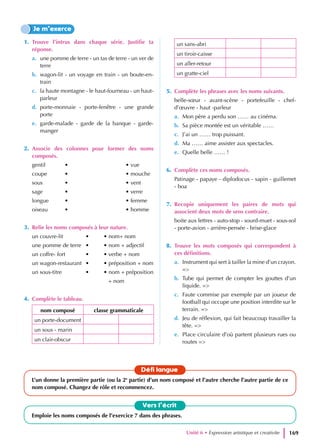 1. Trouve l’intrus dans chaque série. Justifie ta
réponse.
a. une pomme de terre - un tas de terre - un ver de
terre
b. wagon-lit - un voyage en train - un boute-en-
train
c. la haute montagne - le haut-fourneau - un haut-
parleur
d. porte-monnaie - porte-fenêtre - une grande
porte
e. garde-malade - garde de la banque - garde-
manger
2. Associe des colonnes pour former des noms
composés.
gentil •			• vue
coupe •			• mouche
sous		•			• vent
sage		•			• verre
longue •			• femme
oiseau •			• homme
3. Relie les noms composés à leur nature.
un couvre-lit			 •		 • nom+ nom
une pomme de terre •		 • nom + adjectif
un coffre- fort			 •		 • verbe + nom
un wagon-restaurant •		 • préposition + nom
un sous-titre			 •		 • nom + préposition
						 + nom
4. Complète le tableau.
nom composé classe grammaticale
un porte-document
un sous - marin
un clair-obscur
un sans-abri
un tiroir-caisse
un aller-retour
un gratte-ciel
5. Complète les phrases avec les noms suivants.
belle-sœur - avant-scène - portefeuille - chef-
d’œuvre - haut -parleur
a. Mon père a perdu son …… au cinéma.
b. Sa pièce montée est un véritable ……
c. J’ai un …… trop puissant.
d. Ma …… aime assister aux spectacles.
e. Quelle belle …… !
6. Complète ces noms composés.
Patinage - papaye - diplodocus - sapin - guillemet
- boa
7. Recopie uniquement les paires de mots qui
associent deux mots de sens contraire.
boite aux lettres - auto-stop - sourd-muet - sous-sol
- porte-avion - arrière-pensée - brise-glace
8. Trouve les mots composés qui correspondent à
ces définitions.
a. Instrument qui sert à tailler la mine d’un crayon.
=>
b. Tube qui permet de compter les gouttes d’un
liquide. =>
c. Faute commise par exemple par un joueur de
football qui occupe une position interdite sur le
terrain. =>
d. Jeu de réflexion, qui fait beaucoup travailler la
tête. =>
e. Place circulaire d’où partent plusieurs rues ou
routes =>
Je m’exerce
Vers l’écrit
Emploie les noms composés de l’exercice 7 dans des phrases.
Défi langue
L’un donne la première partie (ou la 2e
partie) d’un nom composé et l’autre cherche l’autre partie de ce
nom composé. Changez de rôle et recommencez.
Unité 6 • Expression artistique et creativite 169
 