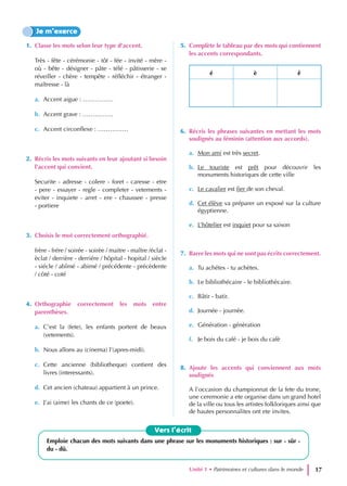 1. Classe les mots selon leur type d’accent.
Très - fête - cérémonie - tôt - fée - invité - mère -
où - bête - désigner - pâte - télé - pâtisserie - se
réveiller - chère - tempête - réfléchir - étranger -
maîtresse - là
a. Accent aigue : ……………
b. Accent grave : ……………
c. Accent circonflexe : ……………
2. Récris les mots suivants en leur ajoutant si besoin
l’accent qui convient.
Securite - adresse - colere - foret - caresse - etre
- pere - essayer - regle - completer - vetements -
eviter - inquiete - arret - ere - chaussee - presse
- portiere
3. Choisis le mot correctement orthographié.
frère - frére / soirée - soirèe / maitre - maître /éclat -
èclat / derrière - derriére / hôpital - hopital / siècle
- siécle / abîmé - abimé / précédente - précèdente
/ côté - coté
4. Orthographie correctement les mots entre
parenthèses.
a. C’est la (fete), les enfants portent de beaux
(vetements).
b. Nous allons au (cinema) l’(apres-midi).
c. Cette ancienne (bibliotheque) contient des
livres (interessants).
d. Cet ancien (chateau) appartient à un prince.
e. J’ai (aime) les chants de ce (poete).
5. Complète le tableau par des mots qui contiennent
les accents correspondants.
é è ê
6. Récris les phrases suivantes en mettant les mots
soulignés au féminin (attention aux accords).
a. Mon ami est très secret.
b. Le touriste est prêt pour découvrir les
monuments historiques de cette ville
c. Le cavalier est fier de son cheval.
d. Cet élève va préparer un exposé sur la culture
égyptienne.
e. L’hôtelier est inquiet pour sa saison
7. Barre les mots qui ne sont pas écrits correctement.
a. Tu achétes - tu achètes.
b. Le bibliothécaire - le bibliothècaire.
c. Bâtir - batir.
d. Journée - journèe.
e. Génération - génèration
f. Je bois du café - je bois du cafè
8. Ajoute les accents qui conviennent aux mots
soulignés
A l’occasion du championnat de la fete du trone,
une ceremonie a ete organise dans un grand hotel
de la ville ou tous les artistes folkloriques ainsi que
de hautes personnalites ont ete invites.
Je m’exerce
Vers l’écrit
Emploie chacun des mots suivants dans une phrase sur les monuments historiques : sur - sûr -
du - dû.
Unité 1 • Patrimoines et cultures dans le monde 17
 