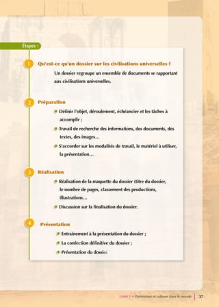 Qu’est-ce qu’un dossier sur les civilisations universelles ?
Un dossier regroupe un ensemble de documents se rapportant
aux civilisations universelles.
Préparation
Définir l’objet, déroulement, échéancier et les tâches à
accomplir ;
Travail de recherche des informations, des documents, des
textes, des images…
S’accorder sur les modalités de travail, le matériel à utiliser,
la présentation…
Réalisation
Réalisation de la maquette du dossier (titre du dossier,
le nombre de pages, classement des productions,
illustrations…
Discussion sur la finalisation du dossier.
Présentation
Entraînement à la présentation du dossier ;
La confection définitive du dossier ;
Présentation du dossier.
Étapes :
1
2
3
4
Unité 1 • Patrimoines et cultures dans le monde 37
 