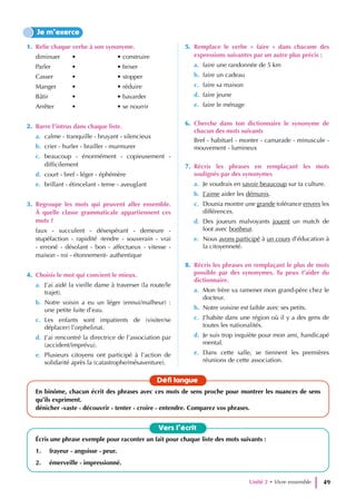 1. Relie chaque verbe à son synonyme.
diminuer •		 • construire
Parler •		 • briser
Casser •		 • stopper
Manger •		 • réduire
Bâtir		•		• bavarder
Arrêter •		 • se nourrir
2. Barre l’intrus dans chaque liste.
a. calme - tranquille - bruyant - silencieux
b. crier - hurler - brailler - murmurer
c. beaucoup - énormément - copieusement -
difficilement
d. court - bref - léger - éphémère
e. brillant - étincelant - terne - aveuglant
3. Regroupe les mots qui peuvent aller ensemble.
À quelle classe grammaticale appartiennent ces
mots ?
faux - succulent - désespérant - demeure -
stupéfaction - rapidité -tendre - souverain - vrai
- erroné - désolant - bon - affectueux - vitesse -
maison - roi - étonnement- authentique
4. Choisis le mot qui convient le mieux.
a. J’ai aidé la vieille dame à traverser (la route/le
trajet).
b. Notre voisin a eu un léger (ennui/malheur) :
une petite fuite d’eau.
c. Les enfants sont impatients de (visiter/se
déplacer) l’orphelinat.
d. J’ai rencontré la directrice de l’association par
(accident/imprévu).
e. Plusieurs citoyens ont participé à l’action de
solidarité après la (catastrophe/mésaventure).
5. Remplace le verbe « faire » dans chacune des
expressions suivantes par un autre plus précis :
a. faire une randonnée de 5 km
b. faire un cadeau
c. faire sa maison
d. faire jeune
e. faire le ménage
6. Cherche dans ton dictionnaire le synonyme de
chacun des mots suivants
Bref - habituel - monter - camarade - minuscule -
mouvement - lumineux
7. Récris les phrases en remplaçant les mots
soulignés par des synonymes
a. Je voudrais en savoir beaucoup sur ta culture.
b. J’aime aider les démunis.
c. Dounia montre une grande tolérance envers les
différences.
d. Des joueurs malvoyants jouent un match de
foot avec bonheur.
e. Nous avons participé à un cours d’éducation à
la citoyenneté.
8. Récris les phrases en remplaçant le plus de mots
possible par des synonymes. Tu peux t’aider du
dictionnaire.
a. Mon frère va ramener mon grand-père chez le
docteur.
b. Notre voisine est faible avec ses petits.
c. J’habite dans une région où il y a des gens de
toutes les nationalités.
d. Je suis trop inquiète pour mon ami, handicapé
mental.
e. Dans cette salle, se tiennent les premières
réunions de cette association.
Je m’exerce
Vers l’écrit
Écris une phrase exemple pour raconter un fait pour chaque liste des mots suivants :
1. frayeur - angoisse - peur.
2. émerveille - impressionné.
Défi langue
En binôme, chacun écrit des phrases avec ces mots de sens proche pour montrer les nuances de sens
qu’ils expriment.
dénicher -vaste - découvrir - tenter - croire - entendre. Comparez vos phrases.
Unité 2 • Vivre ensemble 49
 