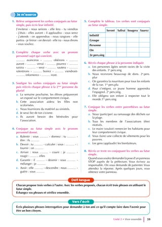 1. Relève uniquement les verbes conjugués au futur
simple, puis écris leur infinitif.
J’inviterai - nous serions - elle fera - tu viendras
- j’étais - elles auront - il applaudira - vous serez
- j’attends - on apprendras - nous rangions - elle
partira - je finirai - on devrait - elle ira - nous dirons
- vous vouliez.
2. Complète chaque verbe avec un pronom
personnel sujet qui convient.
……… avanceras - ……… obéirons - ………
auront - ……… verrai - ……… pourrez - ………
saisira - ……… - serai - ……… sautera - ………
ralentirons - ……… boirez - ……… viendront-
……… informerez - ……… iront.
3. Souligne les verbes conjugués au futur simple
puis réécris chaque phrase à la 2ème
personne du
pluriel
a. La semaine prochaine, les élèves prépareront
un exposé sur le comportement civique.
b. Cette association aidera les filles non
scolarisées.
c. Nous fournirons du matériel au sinistrés.
d. Je serai fier de ton civisme.
e. Ils auront besoin des bénévoles pour
l’association.
4. Conjugue au futur simple avec le pronom
personnel donné.
a. Ralentir : vous ……… - donnez : tu ……… -
être : ils ………
b. Devoir : tu ……… - calculer : vous : ……… - :
fournir : on ………
c. Arriver : nous ……… - courir : je ……… -
rougir : ……… elles
d. Garantir : il ……… - devenir : vous ……… -
mélanger : je ………
e. Avoir : elle ……… - descendre : nous ……… -
guérir : vous ………
5. Complète le tableau. Les verbes sont conjugués
au futur simple.
Seront Salirai bougera Saurez
Infinitif
Groupe
Personne
On
2e pers.sing
6. Récris chaque phrase à la personne indiquée
a. Les personnes âgées seront ravies de la visite
des enfants. 3e
pers.sing
b. Nous recevrons beaucoup de dons. 2e
.pers.
plur
c. On garantira la nourriture pour tous les enfants
de la rue. 1re
pers.plu
d. Pour s’intégrer, ce jeune homme apprendra
l’espagnol. 2e
pers.sing.
e. Elle obligera son enfant à respecter tout le
monde.1re
pers.sing
7. Conjugue les verbes entre parenthèses au futur
simple.
a. Nous (participer) au ramassage des déchets sur
la plage.
b. Tous les membres de l’associations (être)
motivés.
c. Le maire (vouloir) remercier les habitants pour
leur comportement civique.
d. Vous (faire) une collecte de vêtements pour les
pauvres.
e. Les gens (applaudir) les bienfaiteurs.
8. Récris ce texte en conjuguant les verbes au futur
simple.
Quandvousvoulezdemanderlaposed’unpanneau
STOP auprès de la préfecture. Vous écrivez au
responsable. On vous demande de patienter. Vous
attendez la réponse. Après quelques jours, vous
obtenez votre panneau.
Je m’exerce
Vers l’écrit
Écris plusieurs phrases interrogatives pour demander à ton ami ce qu’il compte faire dans l’avenir pour
être un bon citoyen.
Défi langue
Chacun propose trois verbes à l’autre. Avec les verbes proposés, chacun écrit trois phrases en utilisant le
futur simple.
Échangez vos phrases et vérifiez ensemble.
Unité 2 • Vivre ensemble 59
 