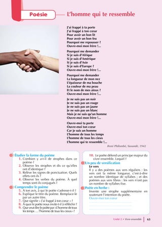 Étudier la forme du poème
1. Combien y a-t-il de strophes dans ce
poème ?
2. Observe les strophes et dis ce qu’elles
ont d’identique ?
3. Relève les signes de ponctuation. Quels
effets ont-ils ?
4. Observe les verbes du poème. À quel
temps sont-ils conjugués ?
Comprendre le poème
5. À ton avis, à qui le poète s’adresse-t-il ?
6. Explique le titre du poème. Remplace-le
par un autre titre.
7. Que signifie « J’ai frappé à ton cœur » ?
8. À quoi le poète nous invite-t-il à réfléchir ?
9. Queveutdirelepoètepar«L’hommedetous
les temps … l’homme de tous les cieux» ?
10. Le poète défend un principe majeur du
vivre ensemble. Lequel ?
Un peu de versification
Le vers
Il y a des poèmes aux vers réguliers : les
vers ont la même longueur, c’est-à-dire
un nombre identique de syllabes ; et des
poèmes aux vers libres : les vers n’ont pas
un nombre de syllabes fixe.
Poète en herbe :
Invente une strophe supplémentaire en
soutenant l’intention du poète.
Ouvre-moi ton cœur
…………………………………..
…………………………………..
…………………………………..
Poésie L’homme qui te ressemble
J’ai frappé à ta porte
J’ai frappé à ton cœur
Pour avoir un bon lit
Pour avoir un bon feu
Pourquoi me repousser ?
Ouvre-moi mon frère !...
Pourquoi me demander
Si je suis d’Afrique
Si je suis d’Amérique
Si je suis d’Asie
Si je suis d’Europe ?
Ouvre-moi mon frère !...
Pourquoi me demander
La longueur de mon nez
L’épaisseur de ma bouche
La couleur de ma peau
Et le nom de mes aïeux ?
Ouvre-moi mon frère !...
Je ne suis pas un noir
Je ne suis pas un rouge
Je ne suis pas un jaune
Je ne suis pas un blanc
Mais je ne suis qu’un homme
Ouvre-moi mon frère !...
Ouvre-moi ta porte
Ouvre-moi ton cœur
Car je suis un homme
L’homme de tous les temps
L’homme de tous les cieux
L’homme qui te ressemble !...
René Philombé, Yaoundé, 1942
Unité 2 • Vivre ensemble 63
 