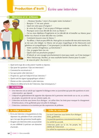 Observons et réfléchissons
- « Bonjour Seydou ! merci d’accepter notre invitation !
- Bonjour ! C’est avec plaisir.
- Quel est votre pays d’origine ?
- Je viens du Congo. C’est un pays d’Afrique centrale.
- Pourquoi avez-vous décidé de vivre au Maroc ?
- J’ai eu mon diplôme d’ingénierie et j’ai décidé de m’installer au Maroc pour
tenter ma chance et faire décoller ma carrière.
- Comment trouvez-vous le Maroc ?
- Au début, c’était un peu difficile. Mais grâce au soutien de mes amis marocains,
je me suis vite intégré. Le Maroc est un pays magnifique et les Marocains sont
généreux et sympathiques. C’est pourquoi j’ai décidé de fonder une famille ici.
- Votre carrière d’ingénieur, ça fonctionne ?
- Oui, je gagne bien ma vie.
- Quels sont vos prochains projets ?
- D’abord, je vais voyager prochainement à mon pays natal, car il me manque !
- Merci beaucoup, Seydou, je vous souhaite bonne chance pour la suite !
- Je vous en prie ! Au revoir !»
1. Quel est le type de ce document ? Justifie ta réponse.
2. Qui pose les questions ? Qui est interviewé ?
3. Comment les reconnait-on ?
4. Sur quoi porte cette interview ?
5. D’après toi, quel est l’objectif d’une interview ?
6. Quels sont les signes typographiques utilisés ?
7. Donne un titre convenable à cette interview.
8. Observe le début et la fin de l’interview. Que remarques-tu ?
Je retiens
• Une interview est un article qui rapporte le dialogue entre un journaliste qui pose des questions et un(e)
«interviewé(e)» qui répond.
• L’objectif est généralement de rapporter des réponses de la personne interviewée sur sa vie, sa carrière,
ses projets, ses points de vue sur certains sujets, etc.
• L’interview est écrite sous forme d’un dialogue : on utilise donc les tirets pour marquer le changement
d’interlocuteurs, et les guillemets pour encadrer le dialogue.
• L’interview commence et se termine par des expressions de politesse.
J’ai écrit l’interview sous forme d’un dialogue
(tirets, guillemets)
J’ai posé des questions correctement formulées
J’ai vérifié les accords
L’interview porte sur la vie, les projets, les
intérêts de l’interviewé
J’ai utilisé les expressions de politesse
Grille de relecture
Je rédige à mon tour
1. Écris une interview (cinq questions et cinq
réponses) du président d’une association
qui s’occupe des personnes handicapées.
2. Imagine une interview entre un journaliste
et une célébrité (à préciser son domaine
d’activité).
Unité 2 • Vivre ensemble
64
Production d’écrit Écrire une interview
 