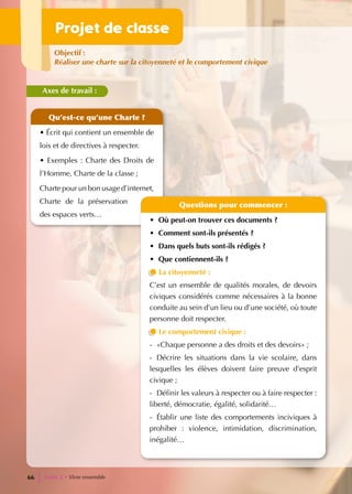 Objectif :
Réaliser une charte sur la citoyenneté et le comportement civique
Axes de travail :
Qu’est-ce qu’une Charte ?
• Écrit qui contient un ensemble de
lois et de directives à respecter.
• Exemples : Charte des Droits de
l’Homme, Charte de la classe ;
Charte pour un bon usage d’internet,
Charte de la préservation
des espaces verts…
Questions pour commencer :
• Où peut-on trouver ces documents ?
• Comment sont-ils présentés ?
• Dans quels buts sont-ils rédigés ?
• Que contiennent-ils ?
La citoyenneté :
C’est un ensemble de qualités morales, de devoirs
civiques considérés comme nécessaires à la bonne
conduite au sein d’un lieu ou d’une société, où toute
personne doit respecter.
Le comportement civique :
- «Chaque personne a des droits et des devoirs» ;
- Décrire les situations dans la vie scolaire, dans
lesquelles les élèves doivent faire preuve d’esprit
civique ;
- Définir les valeurs à respecter ou à faire respecter :
liberté, démocratie, égalité, solidarité…
- Établir une liste des comportements inciviques à
prohiber : violence, intimidation, discrimination,
inégalité…
Projet de classe
Unité 2 • Vivre ensemble
66
 