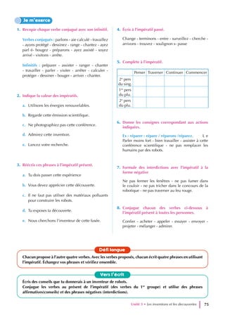 1. Recopie chaque verbe conjugué avec son infinitif.
Verbes conjugués : parlons - aie calculé - travaillez
- ayons protégé - dessinez - range - chantez - ayez
parl é- bougez - préparons - ayez assisté - soyez
arrivé - visitons - arrête.
Infinitifs : préparer - assister - ranger - chanter
- travailler - parler - visiter - arrêter - calculer -
protéger - dessiner - bouger - arriver - chanter.
2. Indique la valeur des impératifs.
a. Utilisons les énergies renouvelables.
b. Regarde cette émission scientifique.
c. Ne photographiez pas cette conférence.
d. Admirez cette invention.
e. Lancez votre recherche.
3. Réécris ces phrases à l’impératif présent.
a. Tu dois passer cette expérience
b. Vous devez apprécier cette découverte.
c. Il ne faut pas utiliser des matériaux polluants
pour construire les robots.
d. Tu exposes ta découverte.
e. Nous cherchons l’inventeur de cette fusée.
4. Écris à l’impératif passé.
Change - terminons - entre - surveillez - cherche -
arrivons - trouvez - soulignon s- passe
5. Complète à l’impératif.
Penser Traverser Continuer Commencer
2e
pers
du sing.
1re
pers
du plu.
2e
pers
du plu.
6. Donne les consignes correspondant aux actions
indiquées.
Ex : réparer : répare / réparons /réparez. L e
Parler moins fort - bien travailler - assister à cette
conférence scientifique - ne pas remplacer les
humains par des robots.
7. Formule des interdictions avec l’impératif à la
forme négative
Ne pas fermer les fenêtres - ne pas fumer dans
le couloir - ne pas tricher dans le concours de la
robotique - ne pas traverser au feu rouge.
8. Conjugue chacun des verbes ci-dessous à
l’impératif présent à toutes les personnes.
Confier - acheter - appeler - essayer - envoyer -
projeter - mélanger - admirer.
Je m’exerce
Vers l’écrit
Écris des conseils que tu donnerais à un inventeur de robots.
Conjugue les verbes au présent de l’impératif (des verbes du 1er
groupe) et utilise des phrases
affirmatives(conseils) et des phrases négatives (interdictions).
Défi langue
Chacun propose à l’autre quatre verbes. Avec les verbes proposés, chacun écrit quatre phrases en utilisant
l’impératif. Échangez vos phrases et vérifiez ensemble.
Unité 3 • Les inventions et les decouvertes 75
 