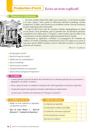 Observons et réfléchissons
Les livres autrefois étaient des objets rares et précieux, car ils étaient recopiés
à la main. Jusqu’à 1440, quand un Allemand, Johannes Gutenberg, invente
l’imprimerie. En effet, cette invention est considérée comme l’une des inventions
les plus importantes dans l’Humanité.
Il s’agit en effet d’une série de caractères mobiles typographiques en métal
et une presse à bras permettant, pour la première fois, de reproduire plusieurs
exemplaires d’un même texte. C’est grâce à cette invention que les idées et les
connaissances vont être diffusées rapidement partout dans le monde.
L’imprimerie va, également, contribuer à la propagation de l’industrie de
l’édition. En réalité, Gutenberg a révolutionné l’accès à la culture et au savoir. Il
faut savoir que le célèbre inventeur, mort en 1468 dans la misère, n’a jamais tiré
profit de son invention.
Élèves C6 - Casablanca
1. De quoi parle ce texte ?
2. Quel est le type de ce texte ?
3. Quelles sont ses caractéristiques ?
4. Qui est Gutenberg ?
5. Qu’est-ce qu’il a inventé ?
6. Comment fonctionne son imprimerie ?
7. Quels sont les avantages de l’imprimerie ?
Je retiens
• Le texte explicatif a pour but de donner des informations sur un domaine particulier de la connaissance :
géographie, art, histoire, inventions…
• Dans ce genre de textes, on explique en employant des outils linguistiques (connecteurs explicatifs) ;
• L’explication répond à des questions formulées explicitement ou implicitement :
-qu’est-ce qui ? Comment cela fonctionne-t-il ? Pourquoi ? Comment ?
J’ai répondu aux questions
Les informations utilisées sont fiables
J’ai utilisé des connecteurs explicatifs
J’ai écrit des phrases correctes
Mon texte est cohérent
Grille de relecture
Je rédige à mon tour
1. Rédige un texte explicatif en répondant
aux questions suivantes :
- Qui est Louis Pasteur ? - Qu’a-t-il
découvert ? - Comment est-il parvenu ?
Unité 3 • Les inventions et les decouvertes
94
Production d’écrit Écrire un texte explicatif
 
