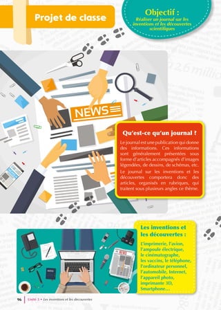 Projet de classe
Qu’est-ce qu’un journal ?
Le journal est une publication qui donne
des informations. Ces informations
sont généralement présentées sous
forme d’articles accompagnés d’images
légendées, de dessins, de schémas, etc.
Le journal sur les inventions et les
découvertes comportera donc des
articles, organisés en rubriques, qui
traitent sous plusieurs angles ce thème.
Les inventions et
les découvertes :
L’imprimerie, l’avion,
l’ampoule électrique,
le cinématographe,
les vaccins, le téléphone,
l’ordinateur personnel,
l’automobile, Internet,
l’appareil photo,
imprimante 3D,
Smartphone…
Objectif :
Réaliser un journal sur les
inventions et les découvertes
scientifiques
Unité 3 • Les inventions et les decouvertes
96
 